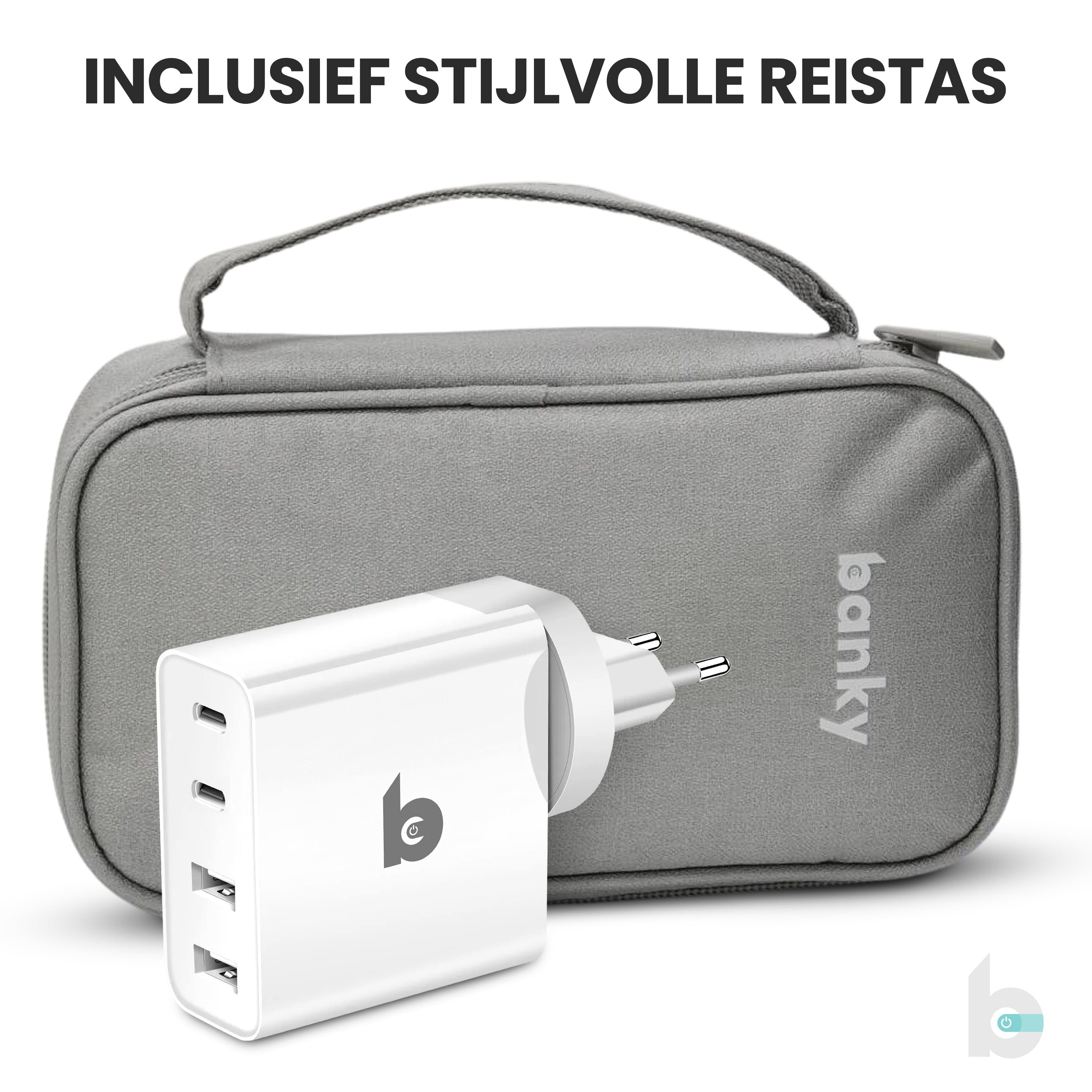 100 Watt oplader en wereldstekker met 4 laadpoorten - weergegeven met reistas