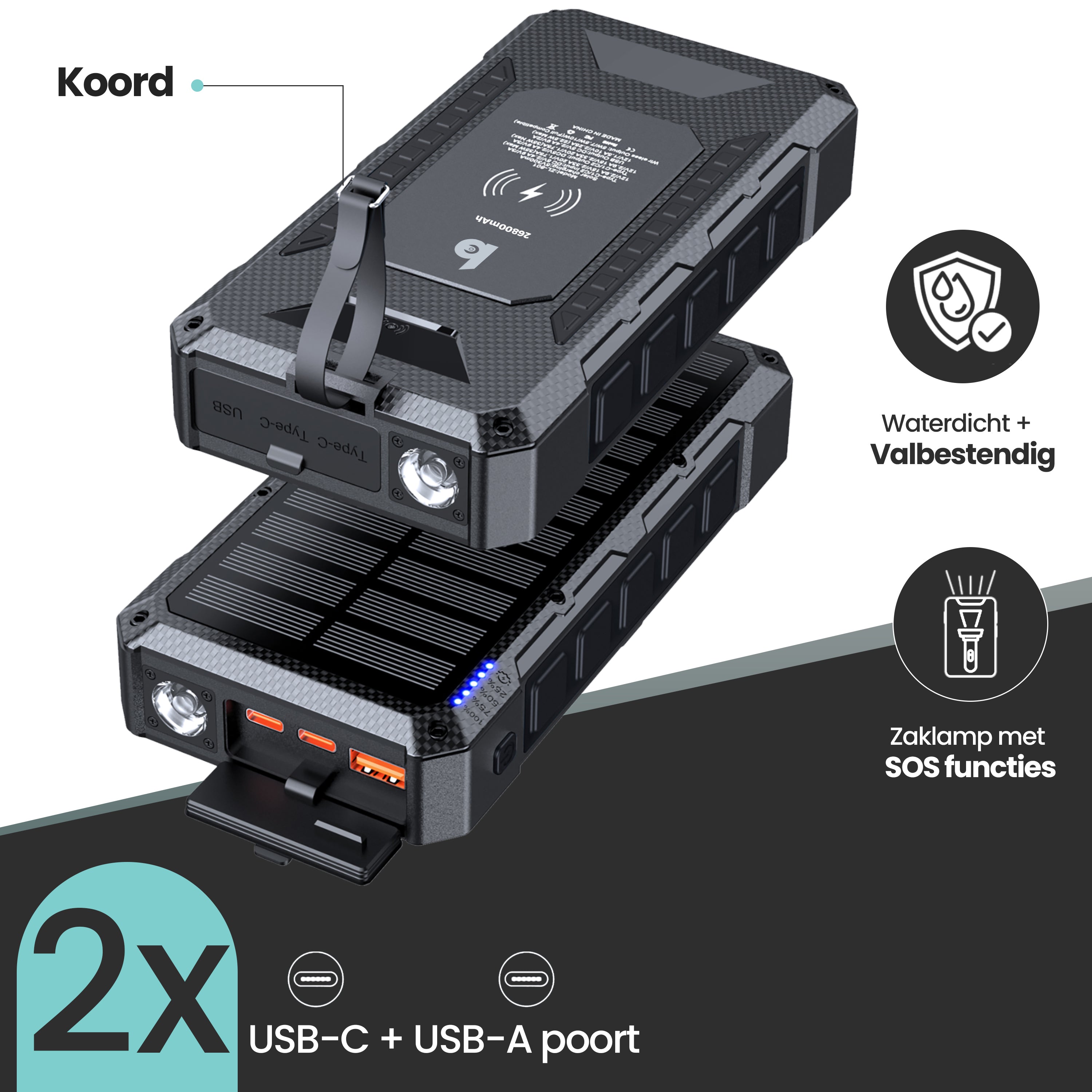 solar powerbank met USB C en zaklamp 27000 mah - geschikt als noodpakket