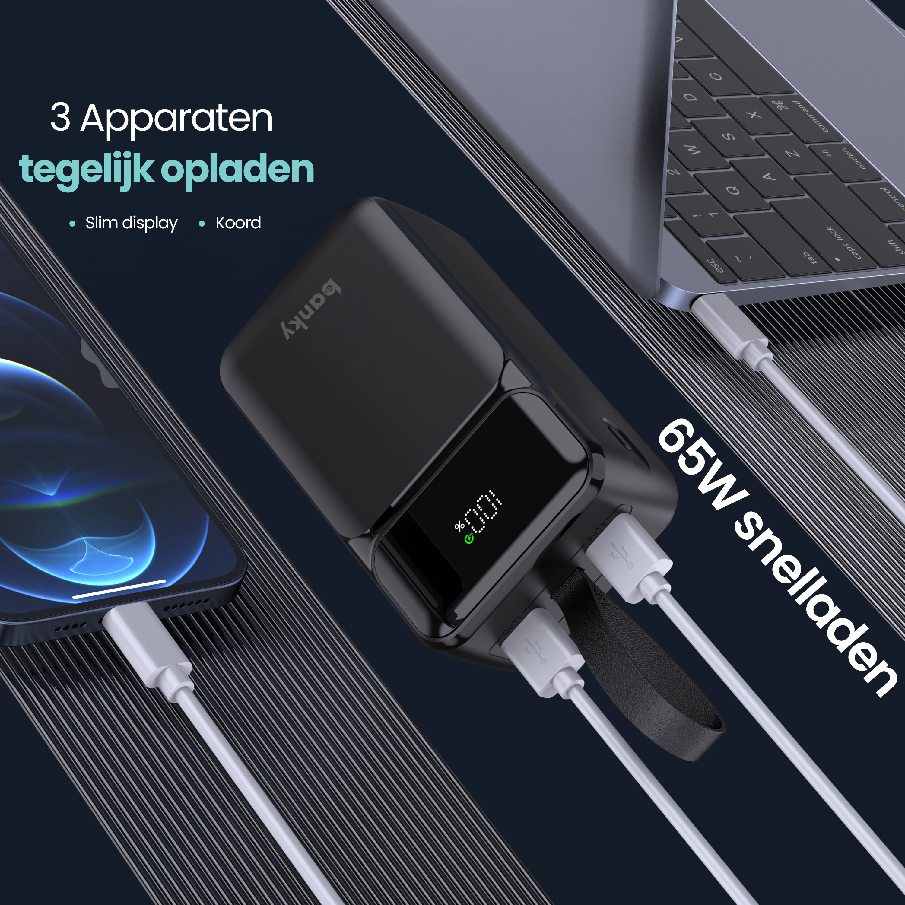 Reisvriendelijke laptop powerbank – snelladen via USB-C met 65W output