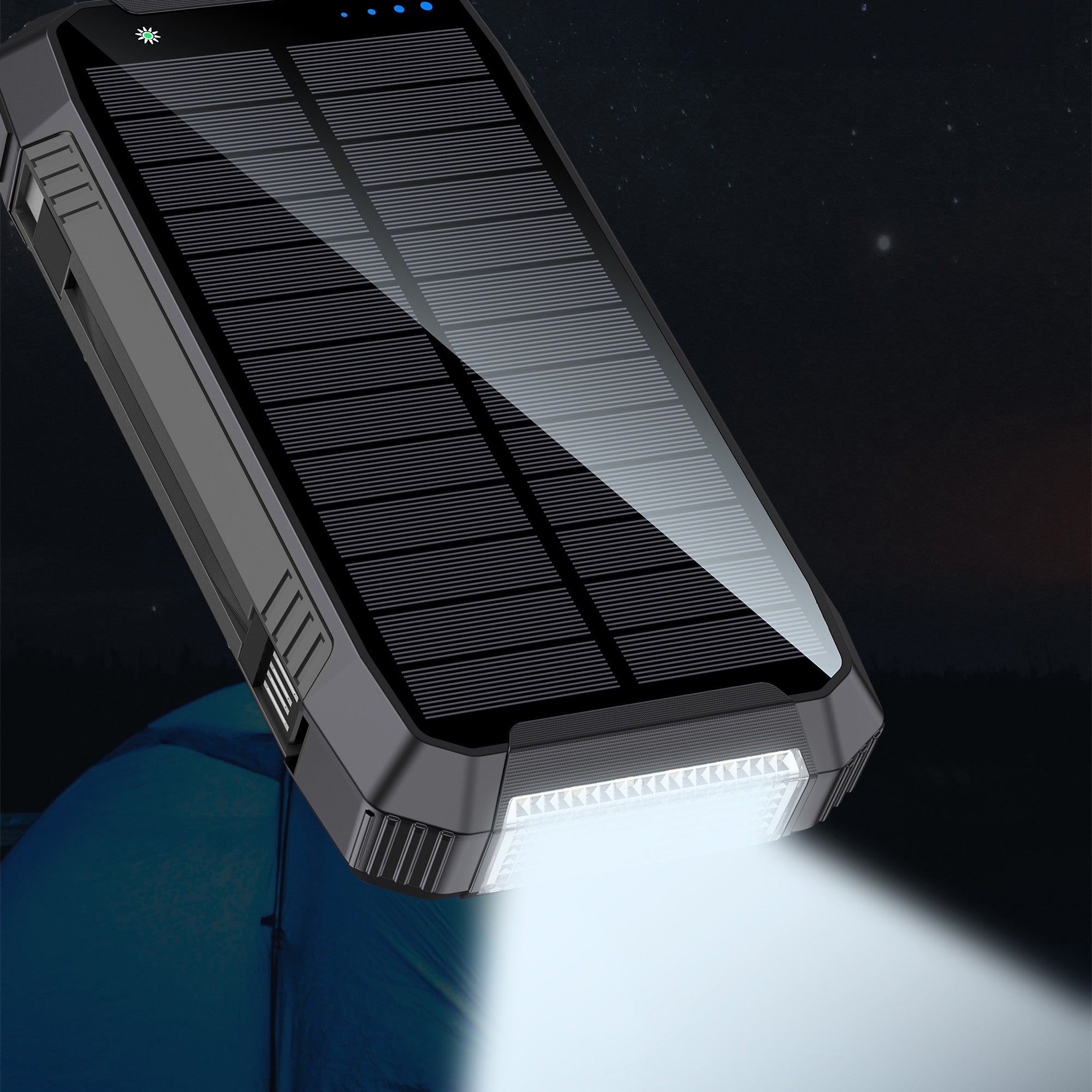 solar powerbank met zaklamp waterdicht ingebouwde kabels en snelladen - geschikt als noodpakket