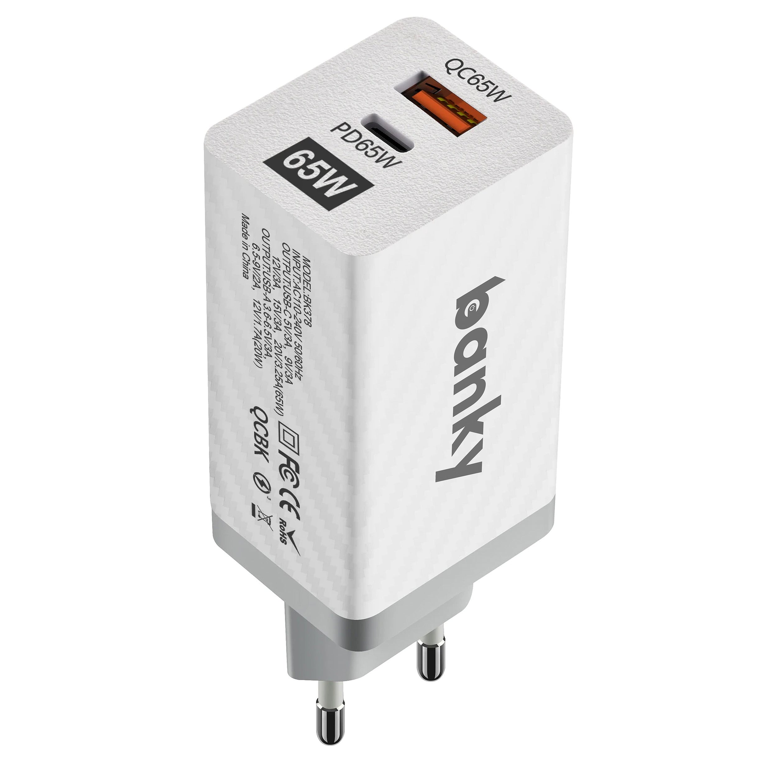 65W oplader met GaN bescherming usb-c + usb-a + geschikt voor laptops