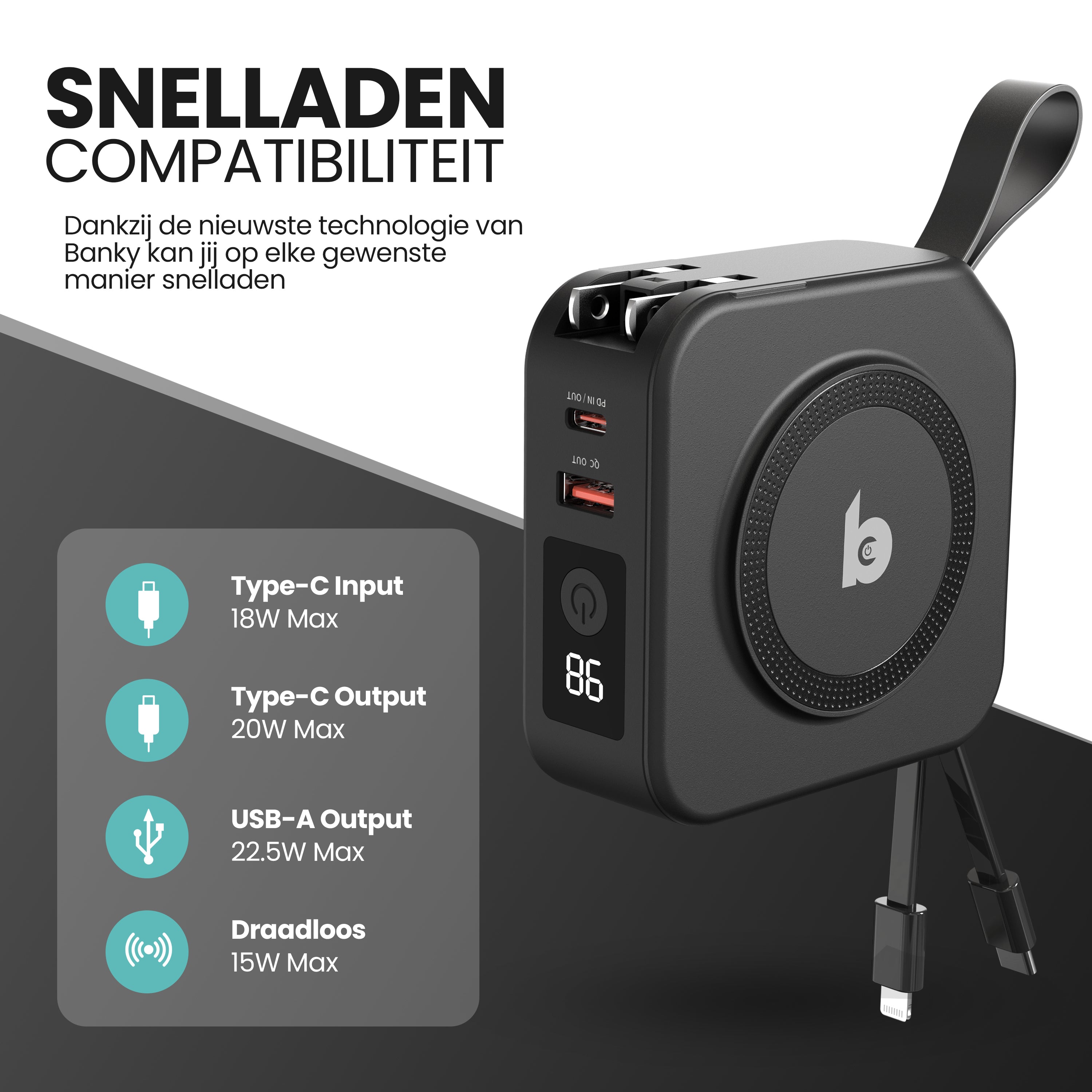 powerbank met snelladen compatibiliteit usb-c + usb-a + lightning + magsafe laden - geschikt voor reizen