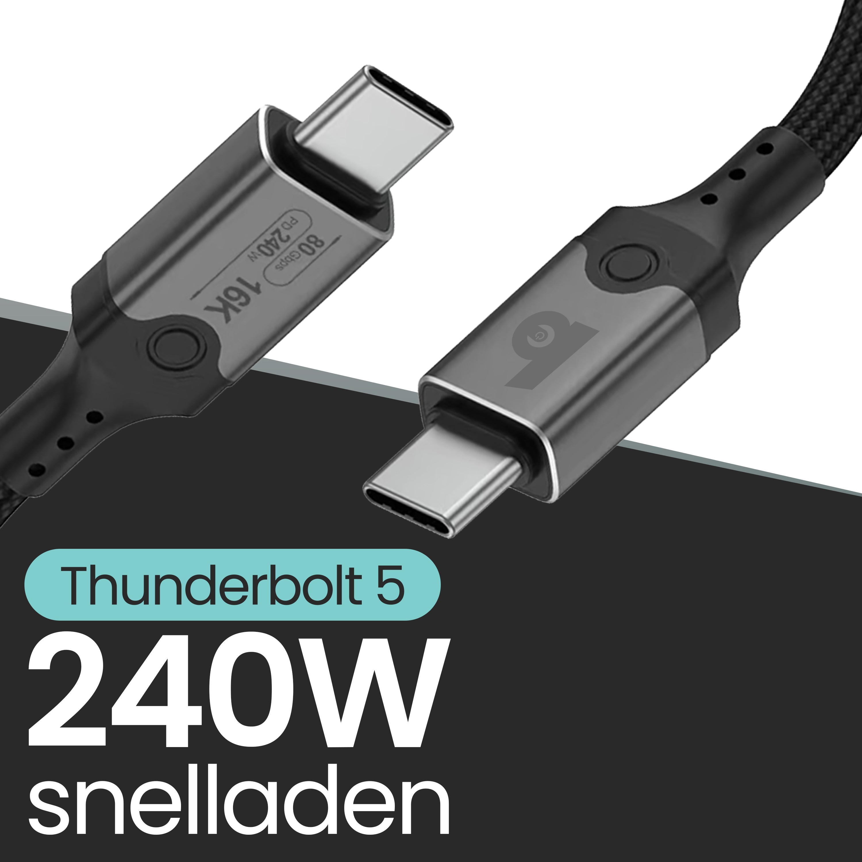Sterke gevlochten Thunderbolt 5 oplaadkabel – geschikt voor laptops, MacBooks en meer