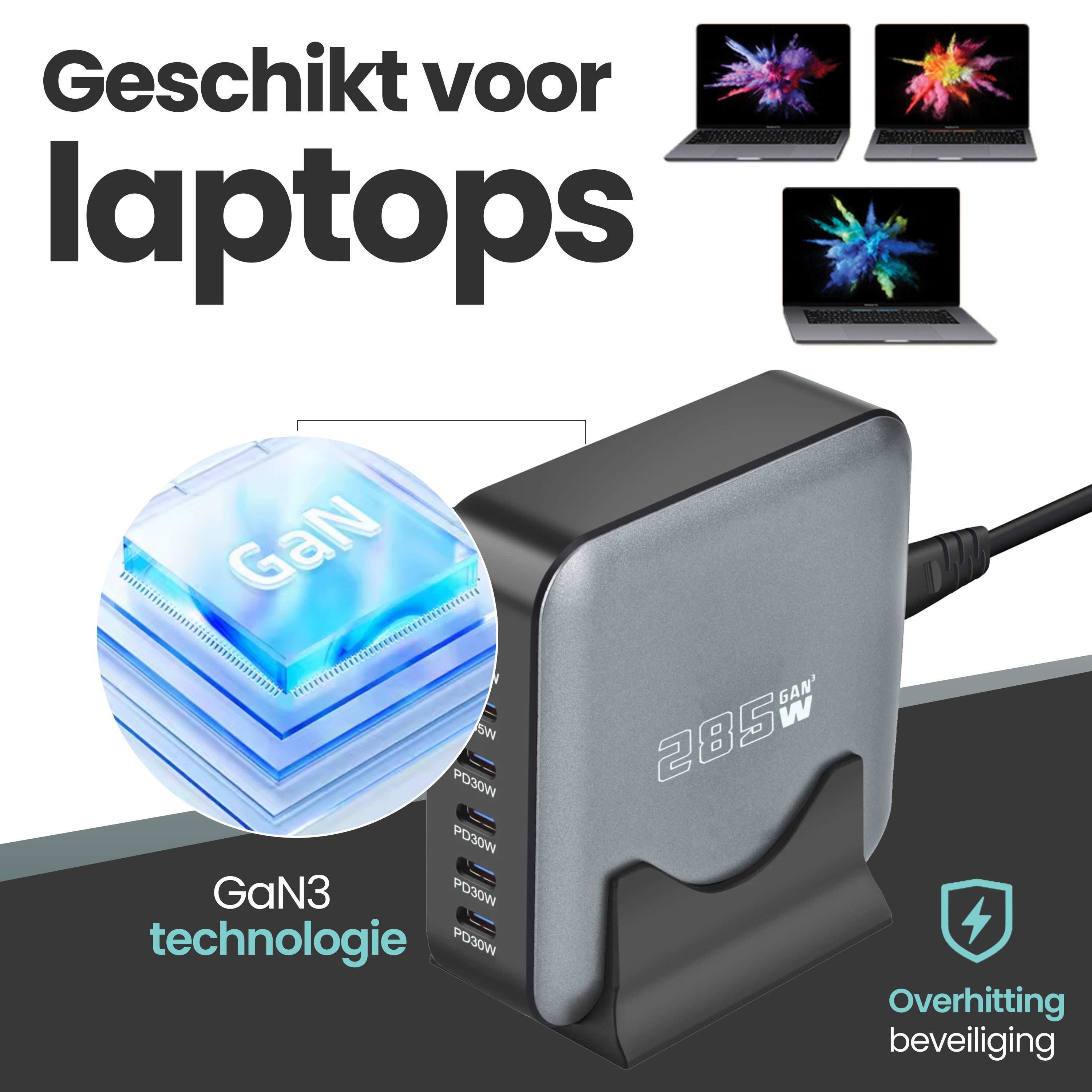 Universele USB-C lader met 285W totaal vermogen – ideaal voor laptop snelladen