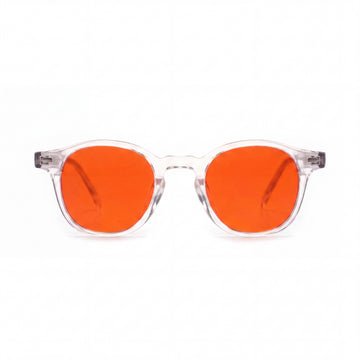 Blauw licht bril met transparant montuur en oranje glazen, vooraanzicht
