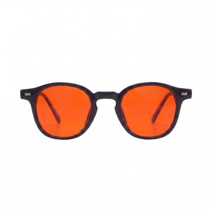 Anti blauw licht bril met zwart montuur en oranje glazen van Banky, vooraanzicht