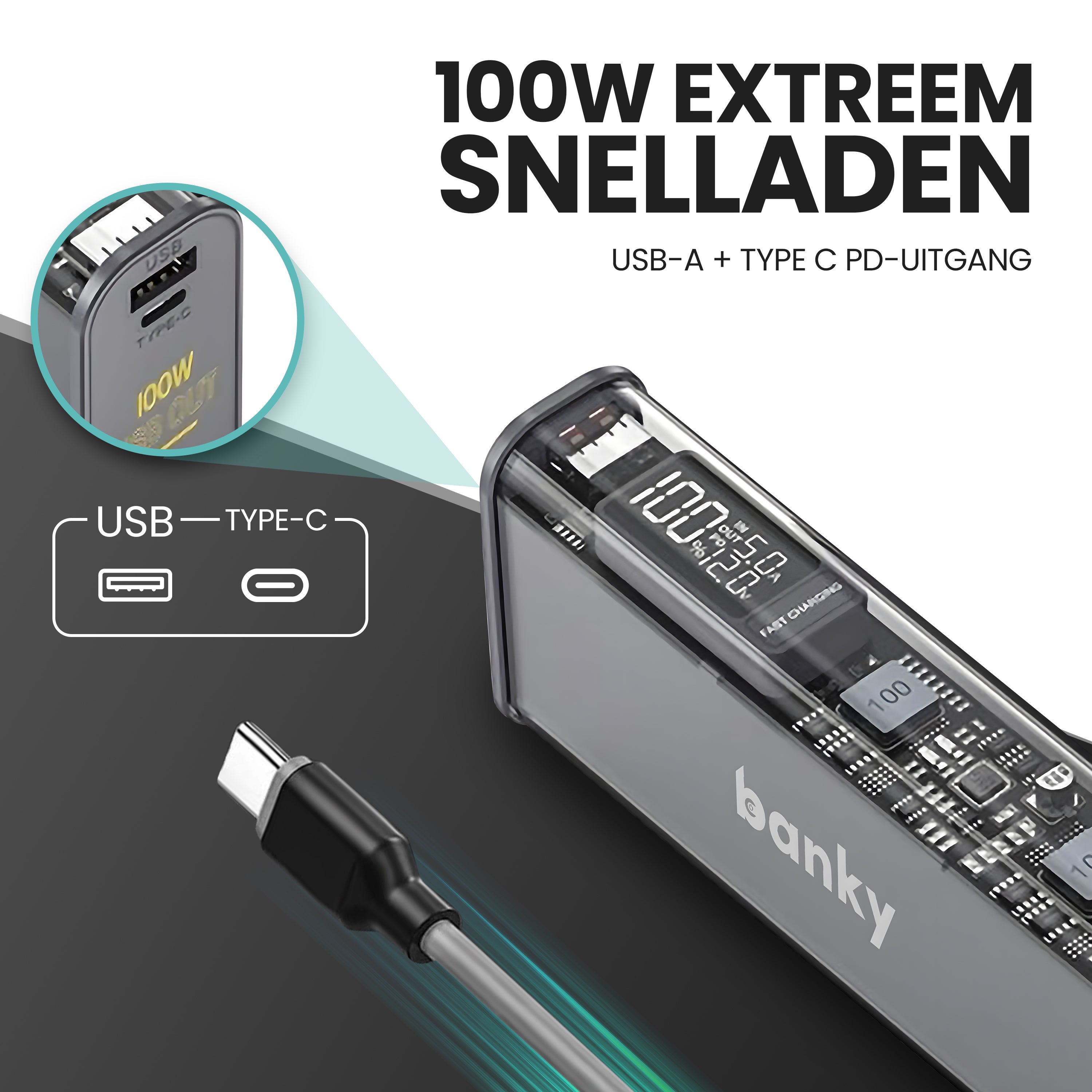 Banky laptop powerbank 20.000mAh 100W met USB-C en USB-A, geschikt voor MacBook