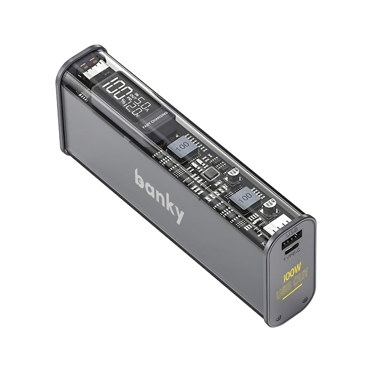Banky laptop powerbank 20.000 mAh 100W USB-C met transparante behuizing en percentagedisplay