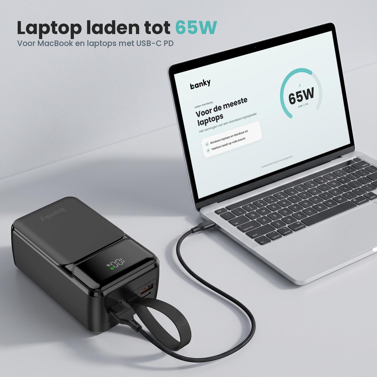 Banky laptop powerbank 27.000 mAh laadt een MacBook tot 65W via USB-C PD