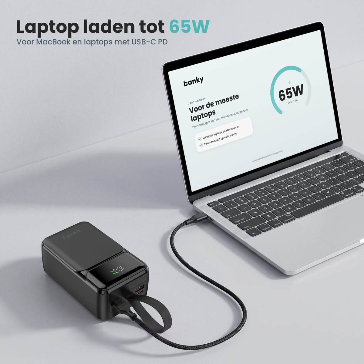 Banky laptop powerbank 27.000 mAh laadt een MacBook tot 65W via USB-C PD
