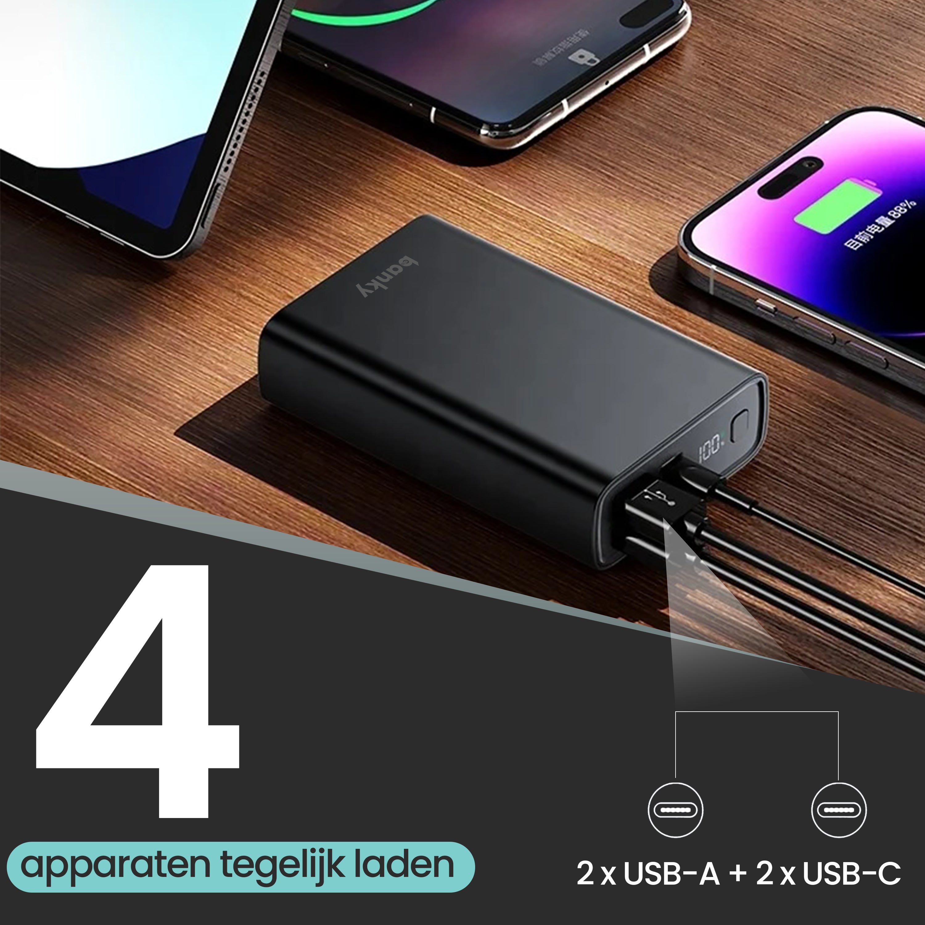 Banky laptop powerbank 30.000mAh 45W met grote capaciteit voor laptops