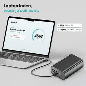 Banky laptop powerbank 30.000 mAh laadt een MacBook met 45W USB-C PD, laptop tot circa 1,5 keer vol