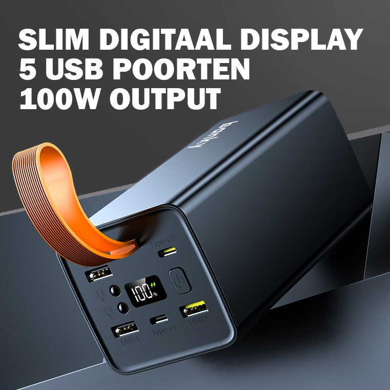 Banky laptop powerbank 50.000mAh met slim display en 5 USB-poorten, 100W output