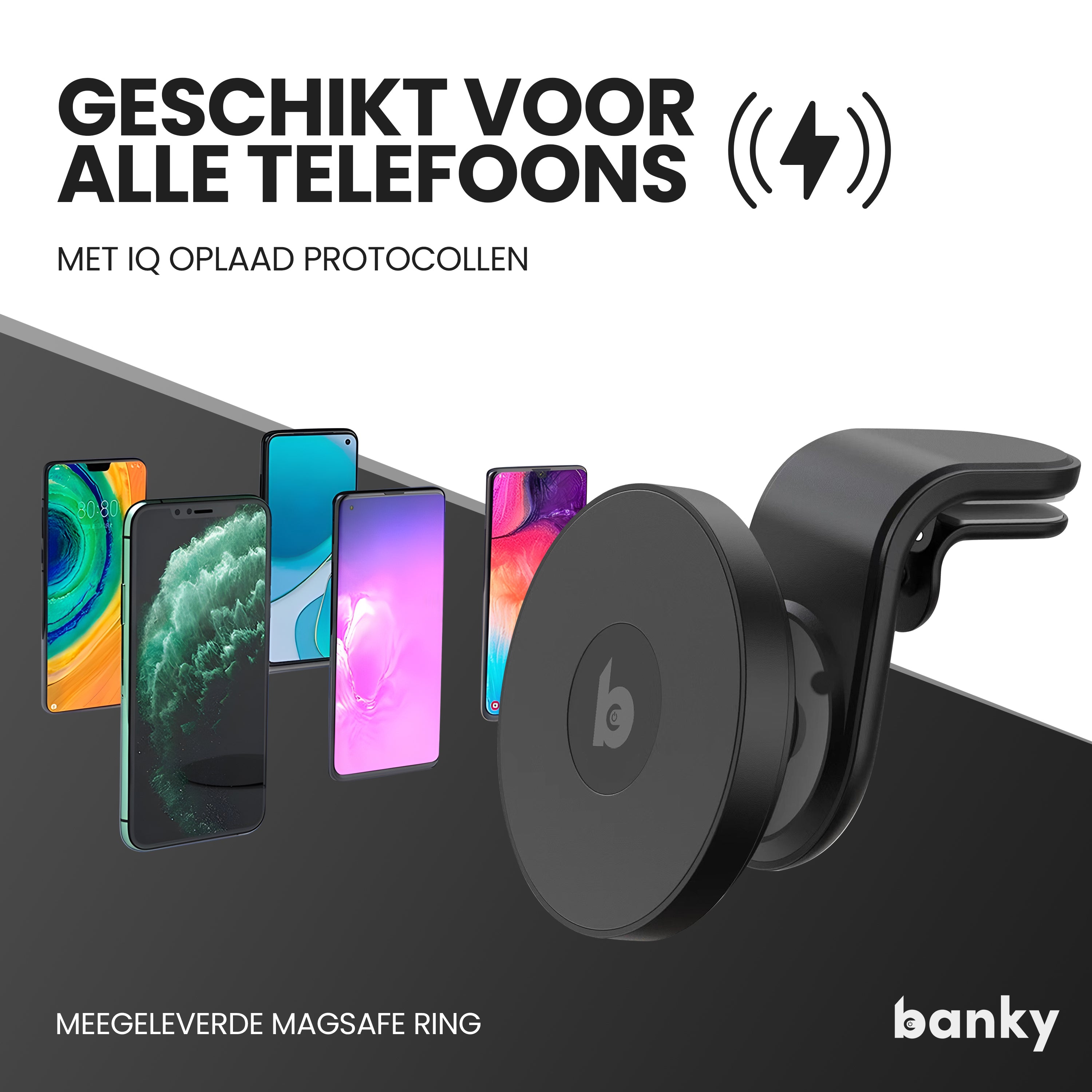 Banky MagSafe autohouder, draadloos snelladen met slimme laadprotocollen