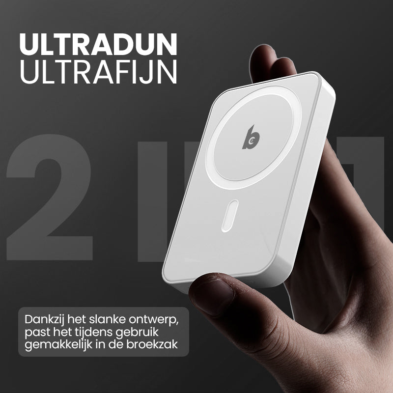 Banky MagSafe powerbank 10.000mAh, extra dun en magnetisch, getoond in de hand