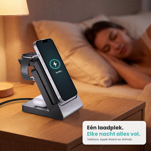 Banky 3 in 1 laadstation met MagSafe powerbank 5.000 mAh op het nachtkastje: telefoon, Apple Watch en AirPods elke nacht vol