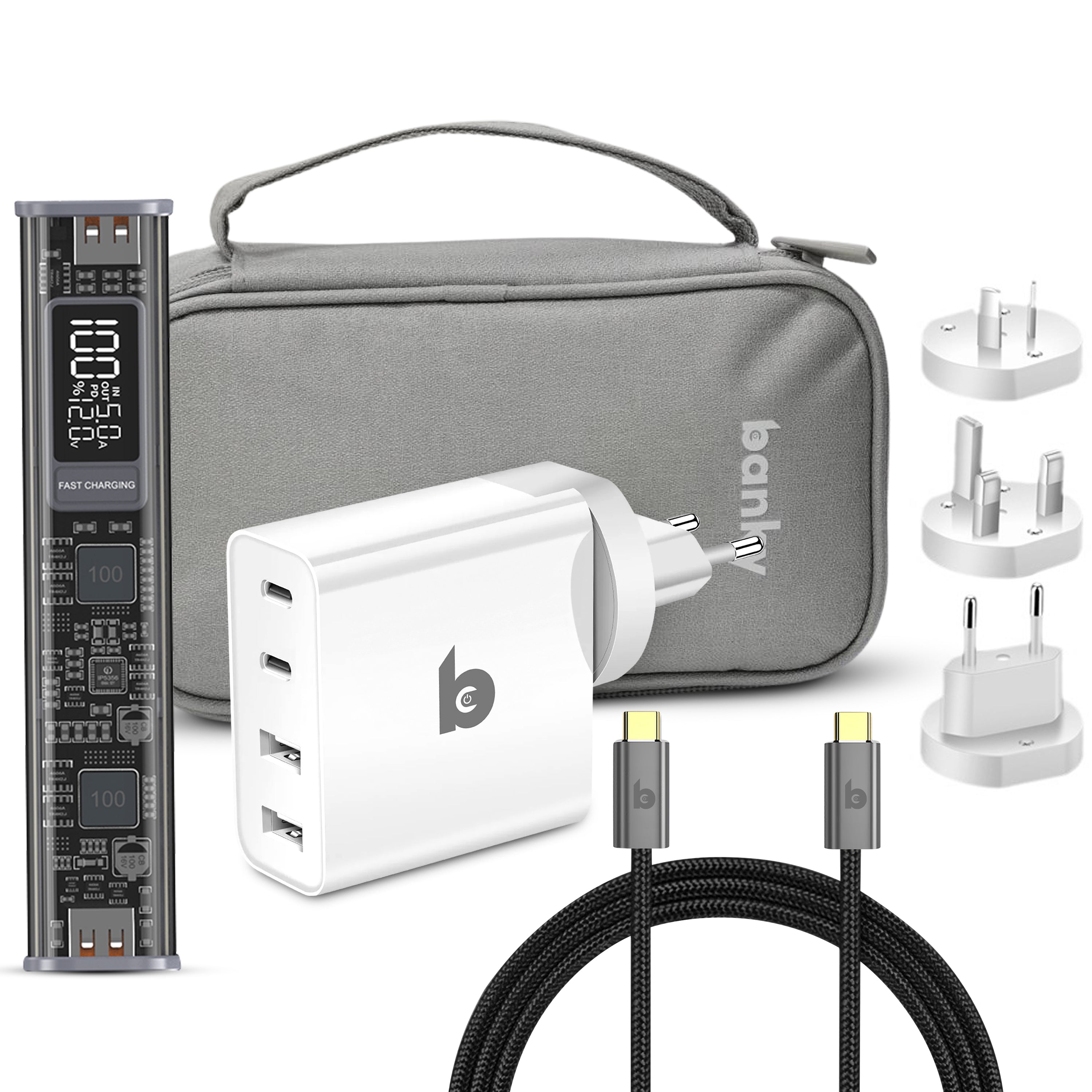 Banky Power Bundel: 100W laptop powerbank, 100W wereldstekker en 140W snellaadkabel voor reizen