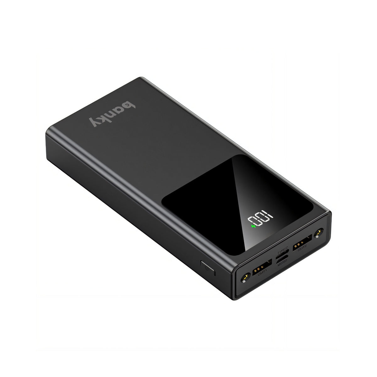 Zwarte Banky powerbank 20.000 mAh 22,5W met percentagedisplay, zaklamp en USB poorten