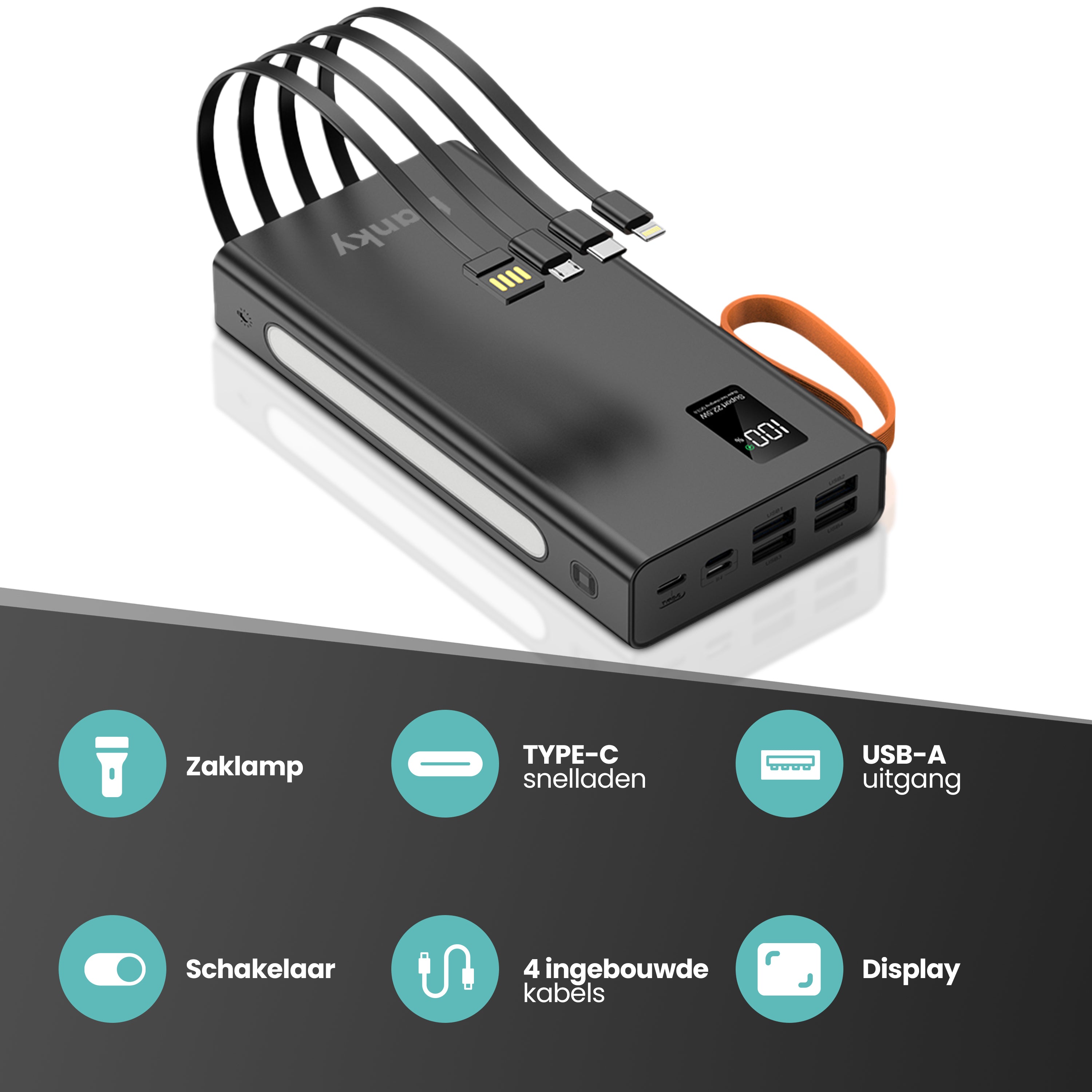 Banky powerbank 30.000mAh laadt meerdere apparaten tegelijk, geschikt voor iPhone en Samsung
