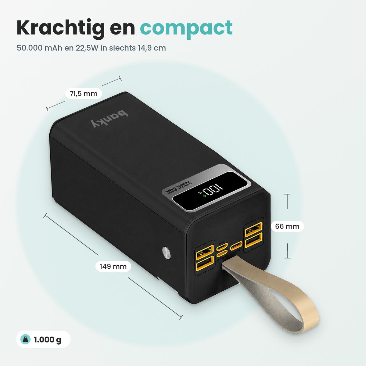 Afmetingen Banky powerbank 50.000 mAh 22,5W: 149 × 71,5 × 66 mm en 1.000 g