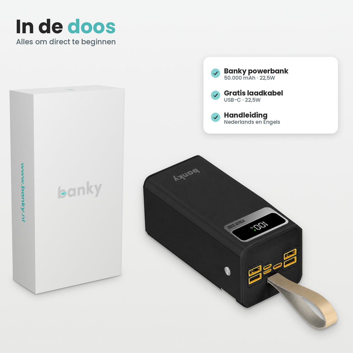Inhoud doos Banky powerbank 50.000 mAh 22,5W: powerbank, gratis USB-C laadkabel en handleiding
