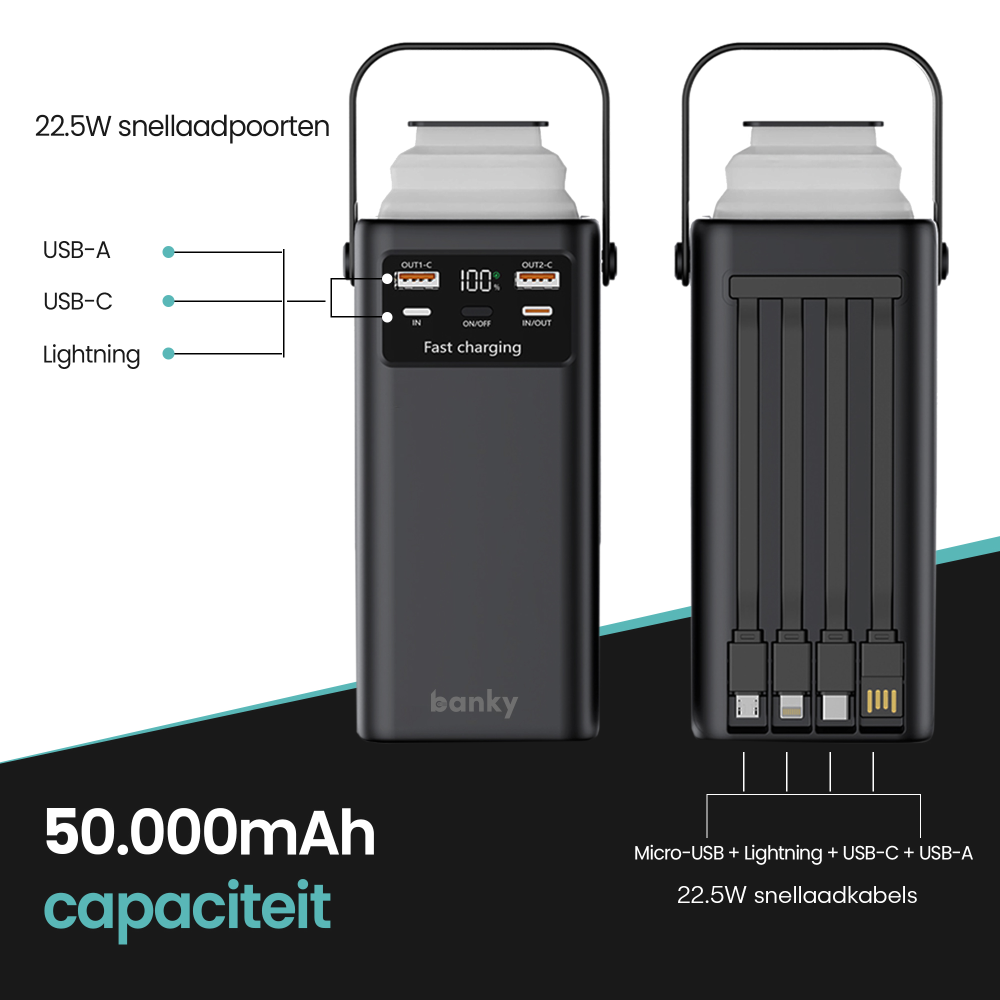 Banky powerbank 50.000mAh met 4 poorten en 4 ingebouwde snellaadkabels