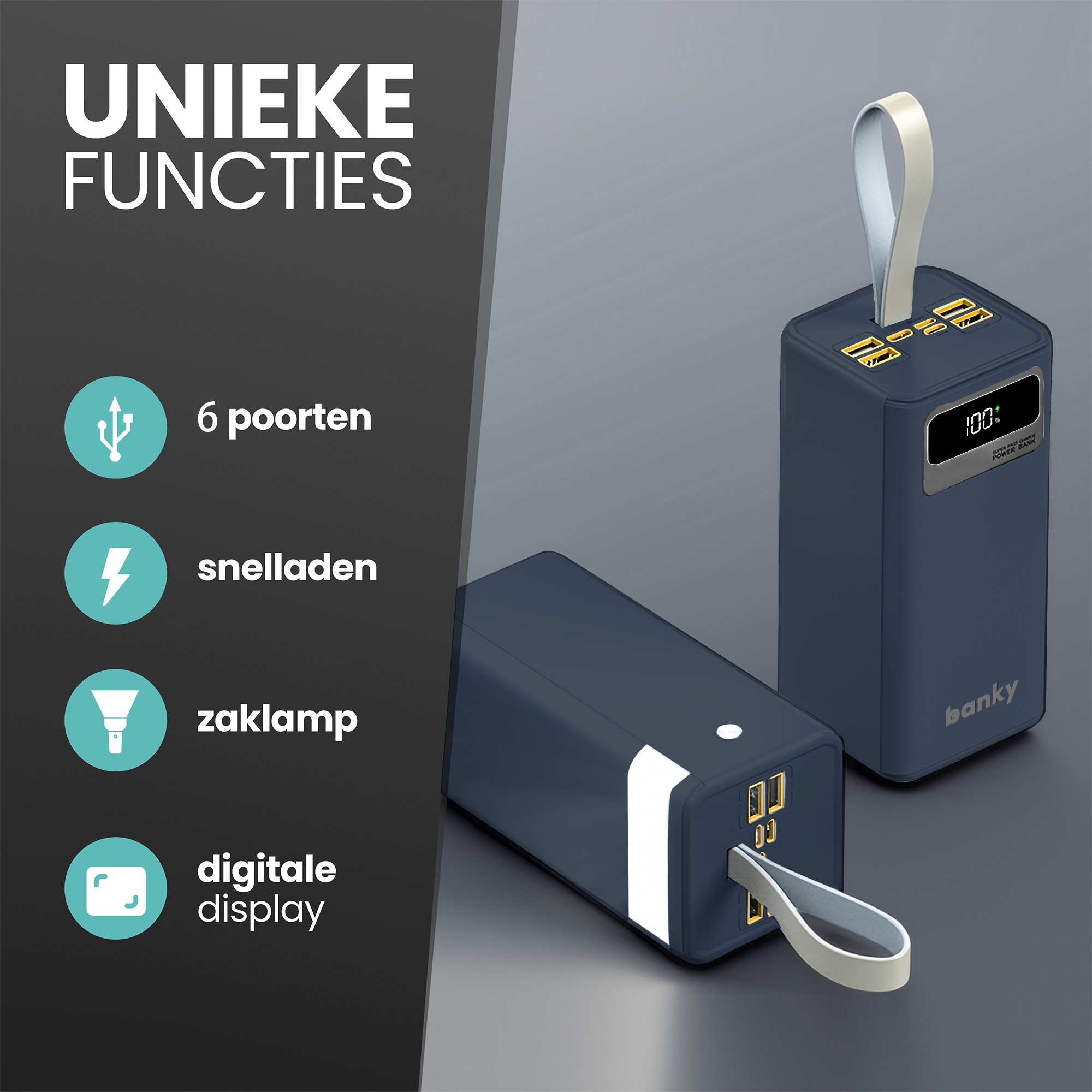 Infographic Banky powerbank 50.000mAh kenmerken: 6 poorten, 22,5W snelladen, zaklamp en digitaal display