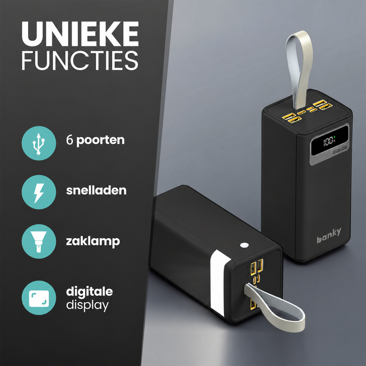 Infographic Banky powerbank 50.000mAh kenmerken: 6 poorten, 22,5W snelladen, zaklamp en digitaal display