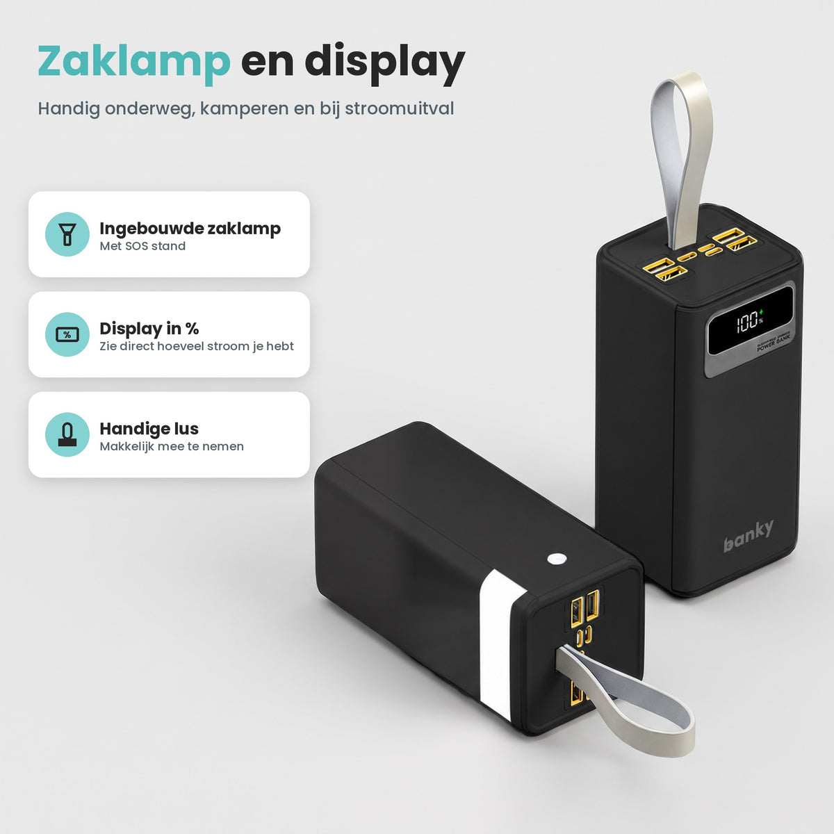 Banky powerbank 50.000 mAh met ingebouwde zaklamp met SOS stand, display in procenten en handige lus