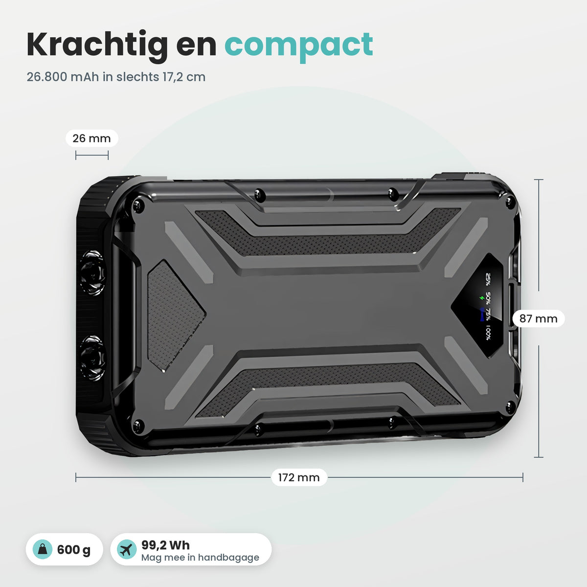 Afmetingen Banky solar powerbank 26.800 mAh: 172 × 87 × 26 mm, 600 g en 99,2 Wh mag mee in handbagage
