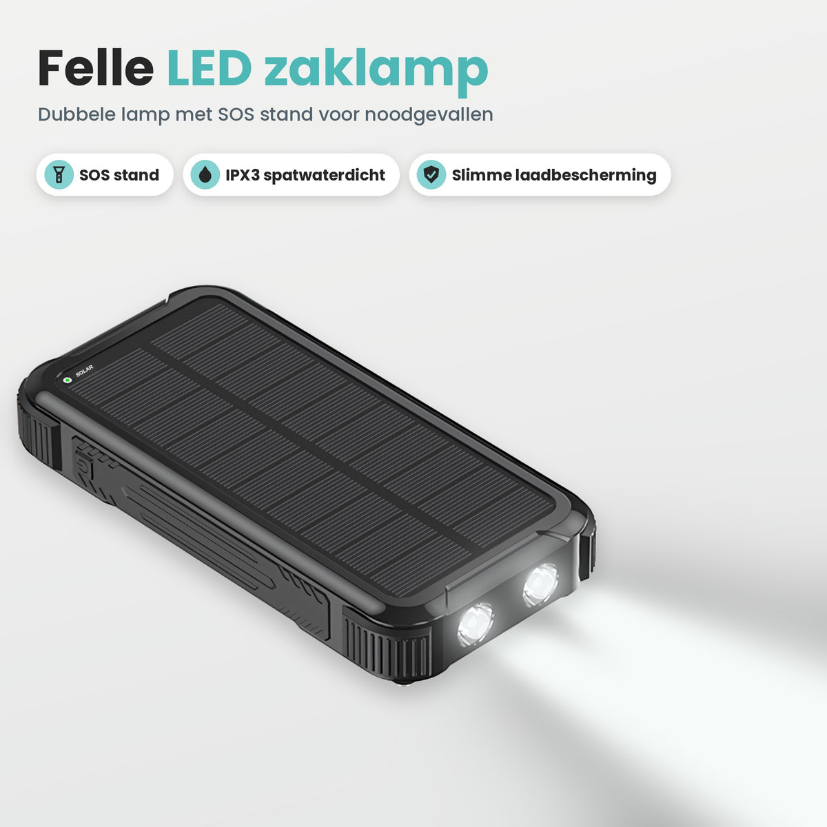 Banky solar powerbank 26.800 mAh met felle dubbele LED zaklamp, SOS stand, IPX3 spatwaterdicht en slimme laadbescherming