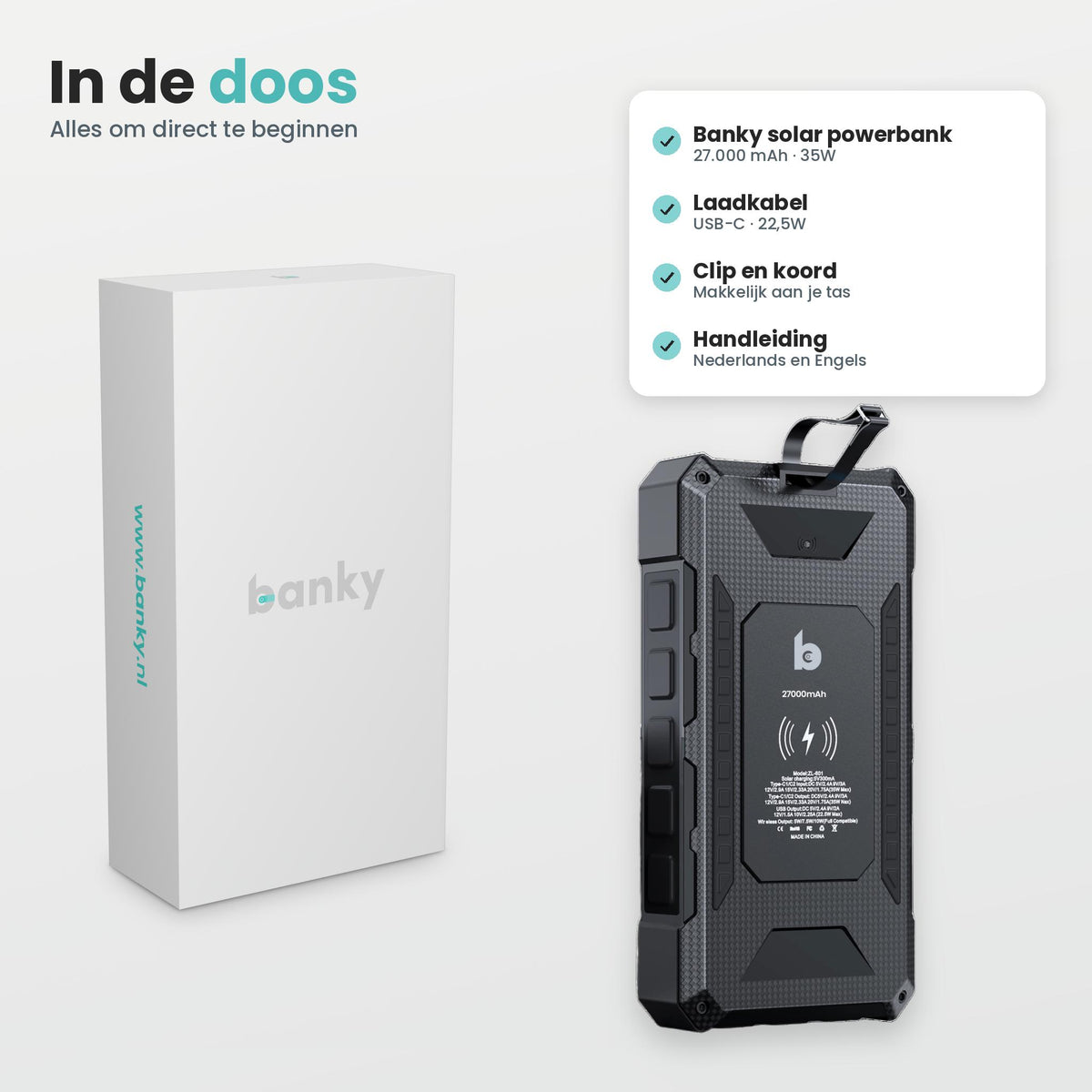 Inhoud doos Banky solar powerbank 27.000 mAh 35W: powerbank, USB-C laadkabel, clip en koord en handleiding