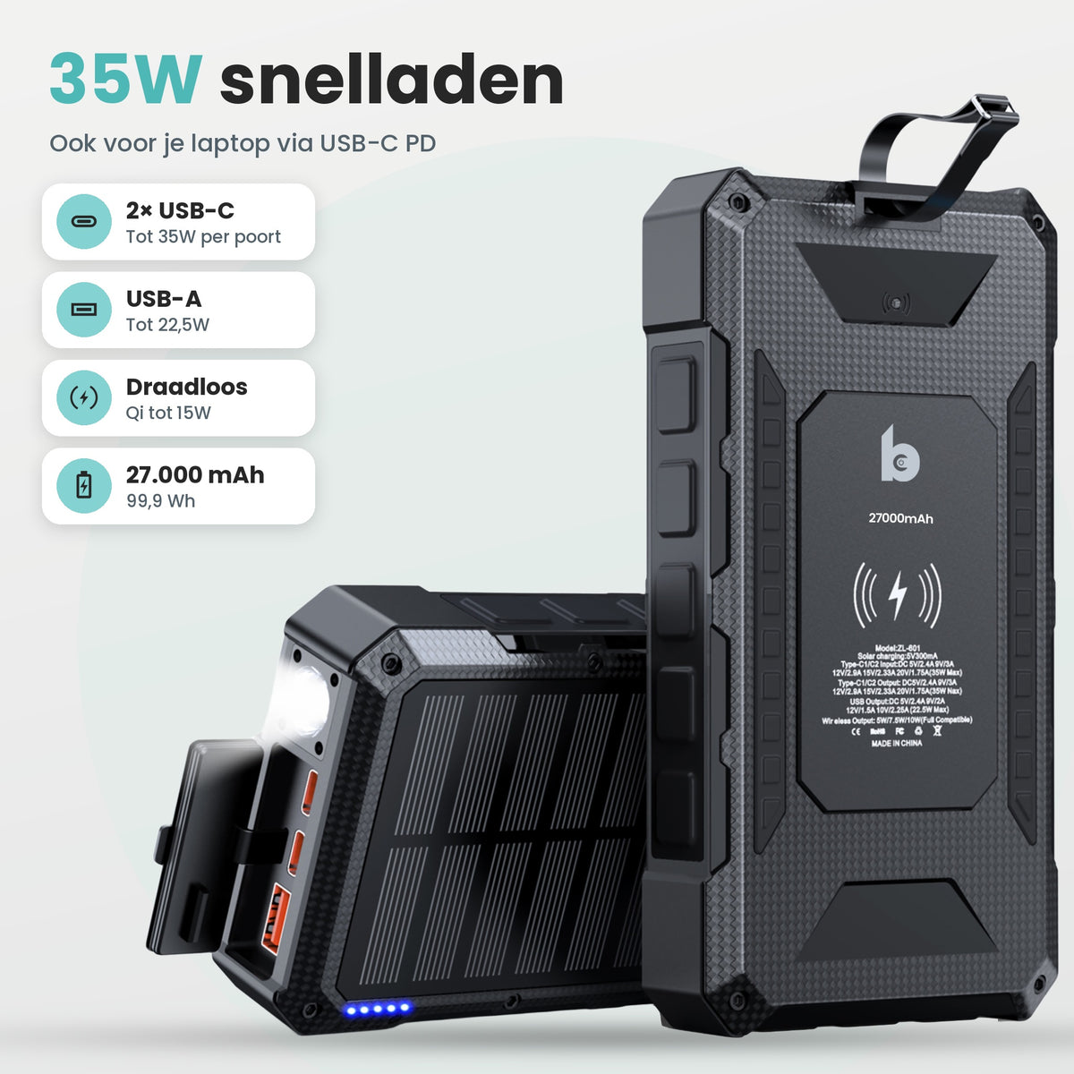 Banky solar powerbank 27.000 mAh 35W snelladen, ook voor je laptop via USB-C PD: 2× USB-C tot 35W, USB-A tot 22,5W en draadloos tot 15W