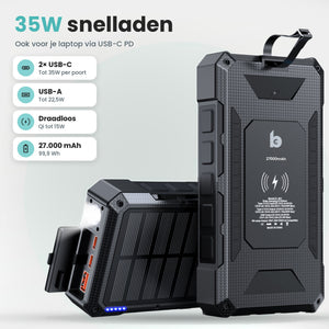 Banky solar powerbank 27.000 mAh 35W snelladen, ook voor je laptop via USB-C PD: 2× USB-C tot 35W, USB-A tot 22,5W en draadloos tot 15W