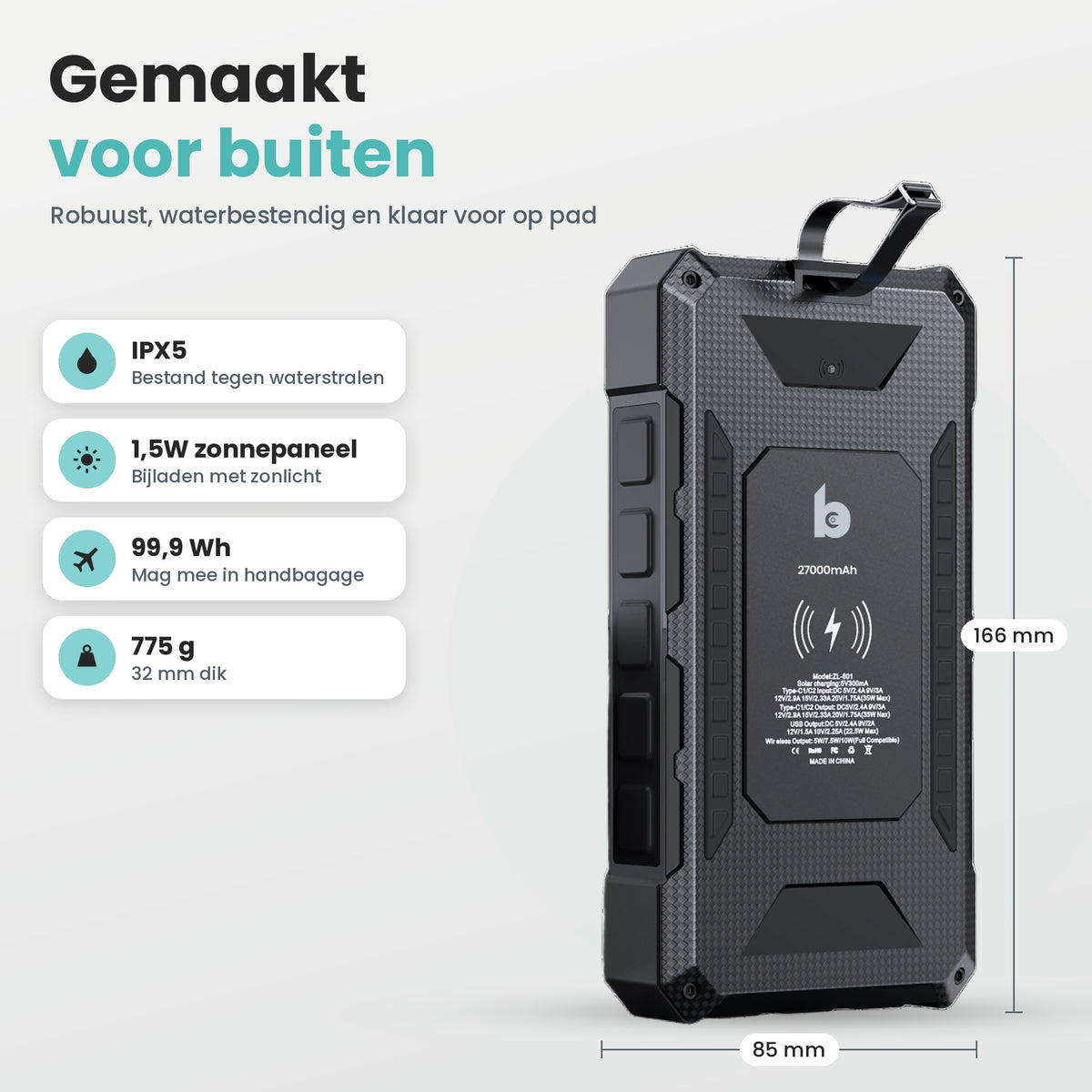Banky solar powerbank 27.000 mAh gemaakt voor buiten: IPX5 waterbestendig, 1,5W zonnepaneel, 99,9 Wh, 775 g en 166 × 85 × 32 mm