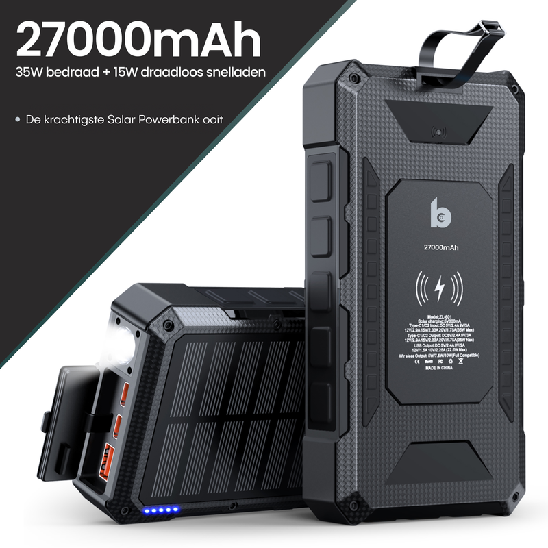 Banky solar powerbank 27.000mAh 35W met zaklamp, waterdicht en geschikt voor laptop en MacBook