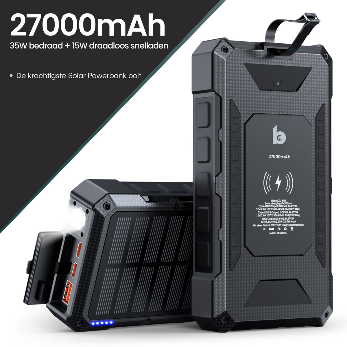 Banky solar powerbank 27.000 mAh met 35W bedraad en 15W draadloos laden, zonnepaneel, zaklamp en draaglus
