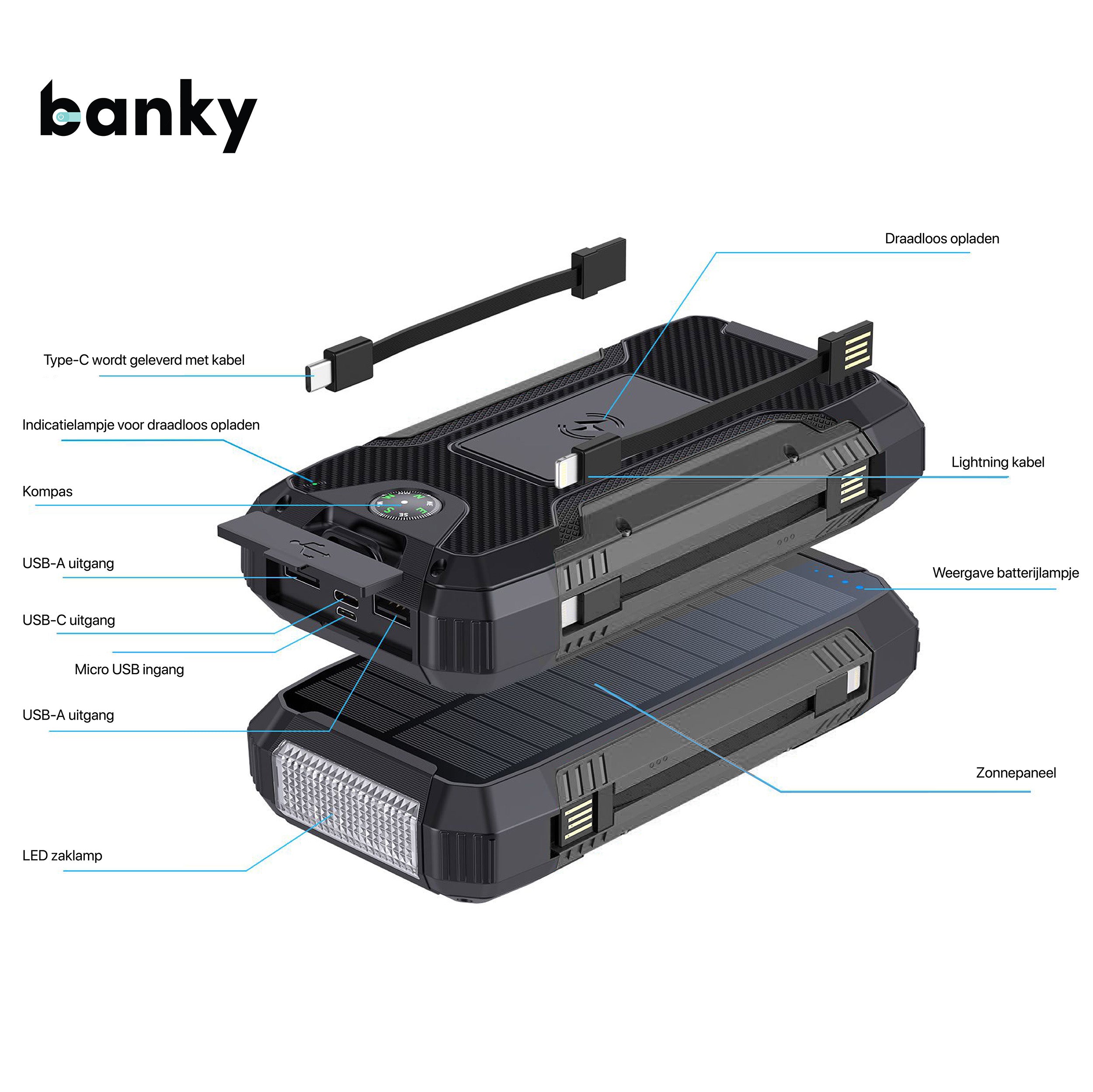 Banky solar powerbank 30.000mAh met 22,5W snelladen
