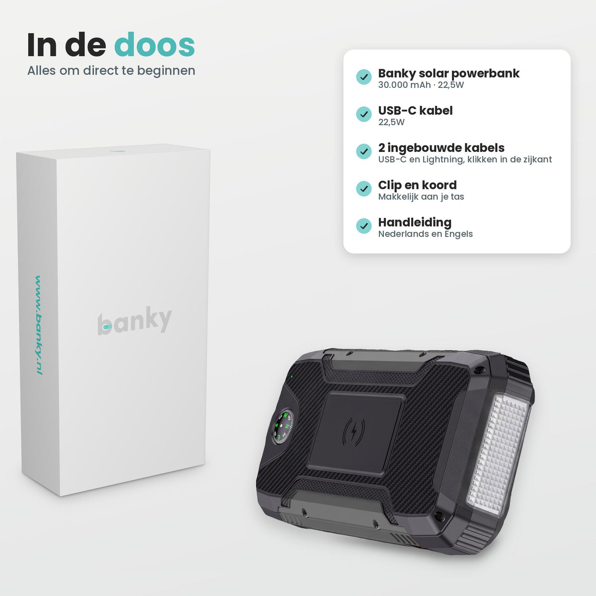 Inhoud doos Banky solar powerbank 30.000 mAh: powerbank met 2 ingebouwde kabels, USB-C kabel, clip en koord en handleiding