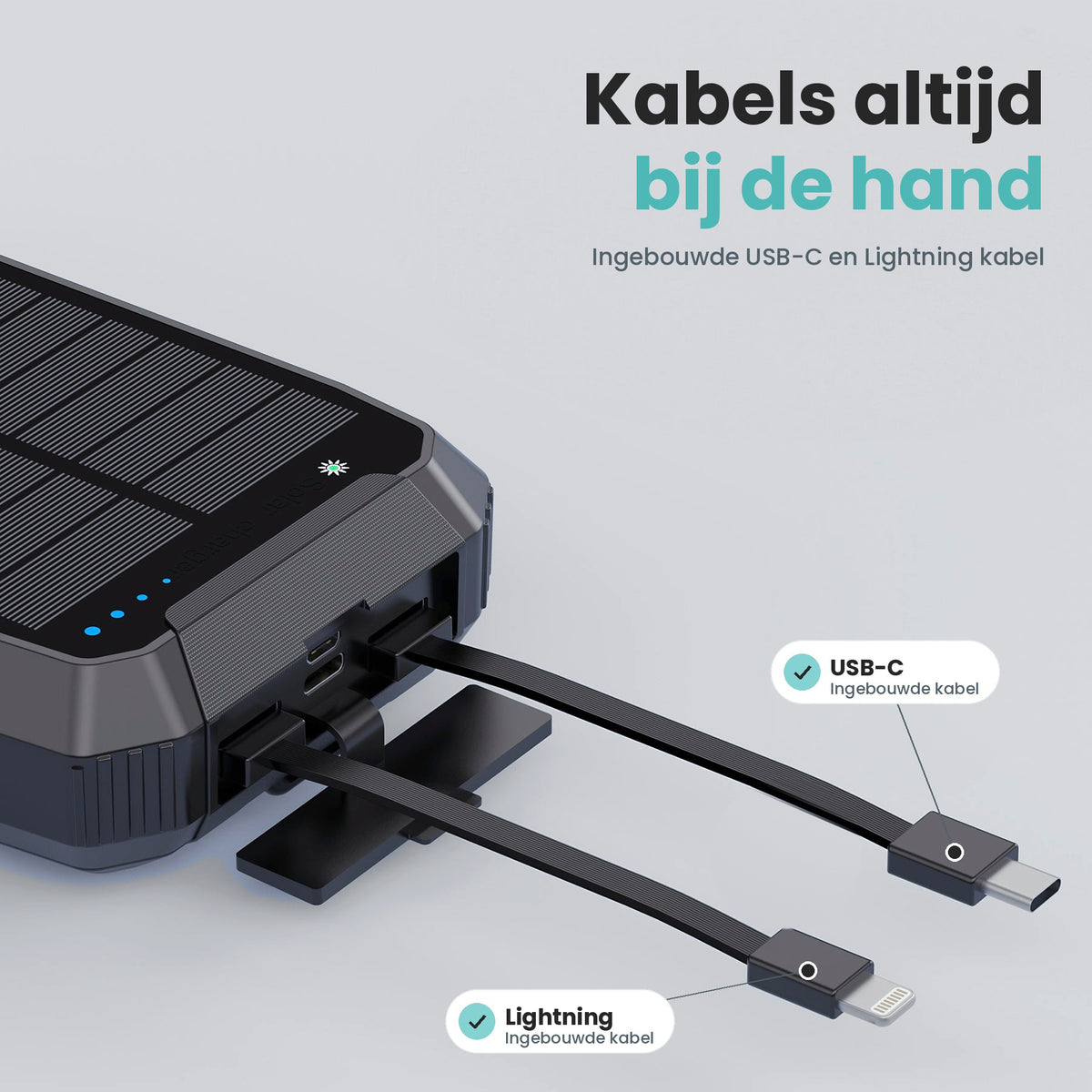 Banky solar powerbank 30.000 mAh met ingebouwde USB-C en Lightning kabel, altijd bij de hand