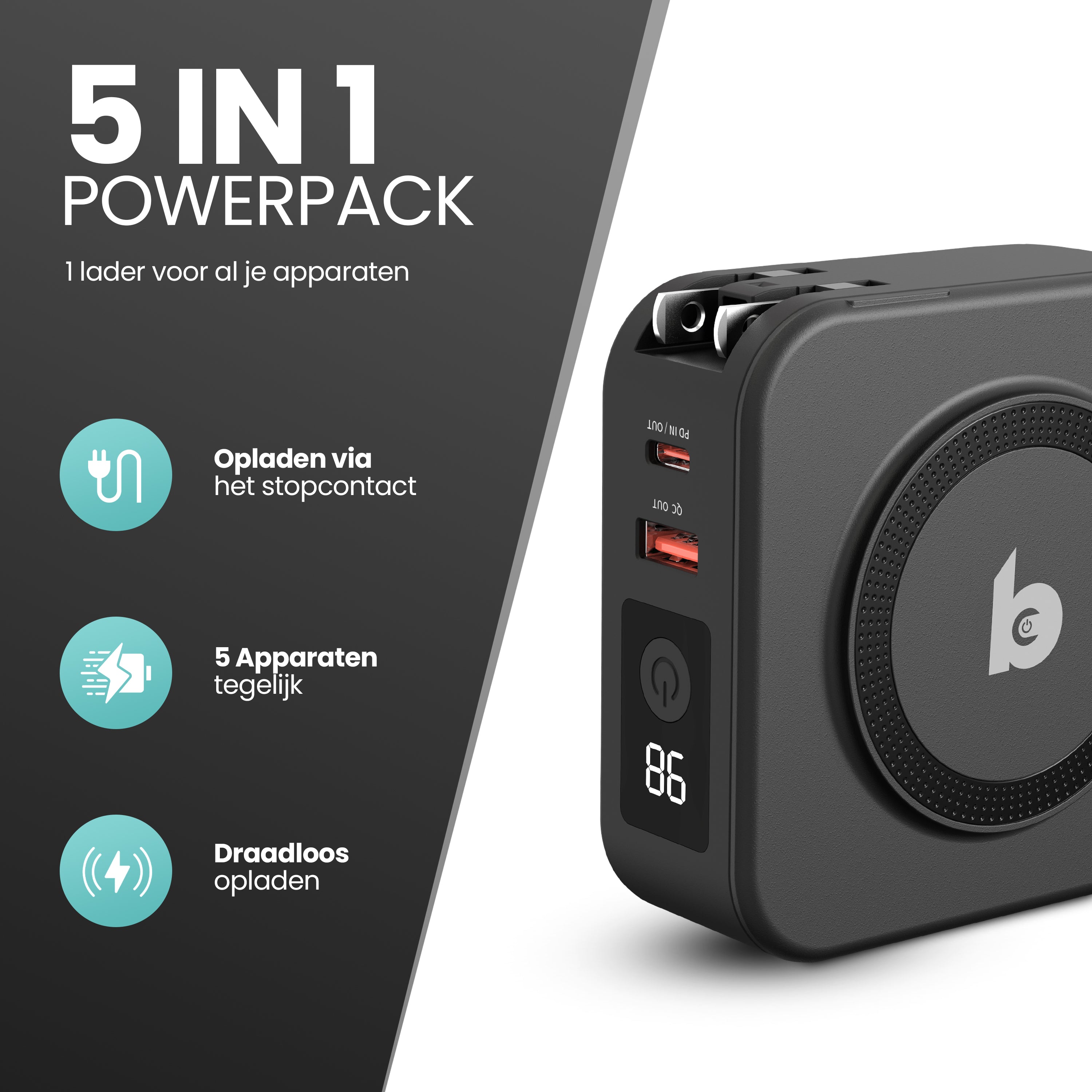 Banky 5-in-1 Travel Powerbank laadt 5 apparaten tegelijk, inclusief draadloos opladen