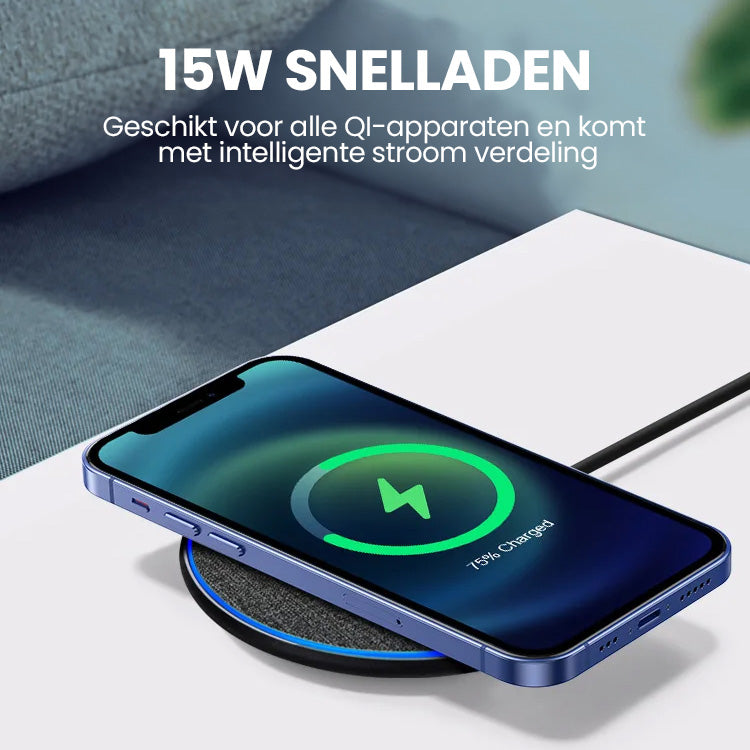 Draadloze snellader 15W - weergegeven met opladende iphone