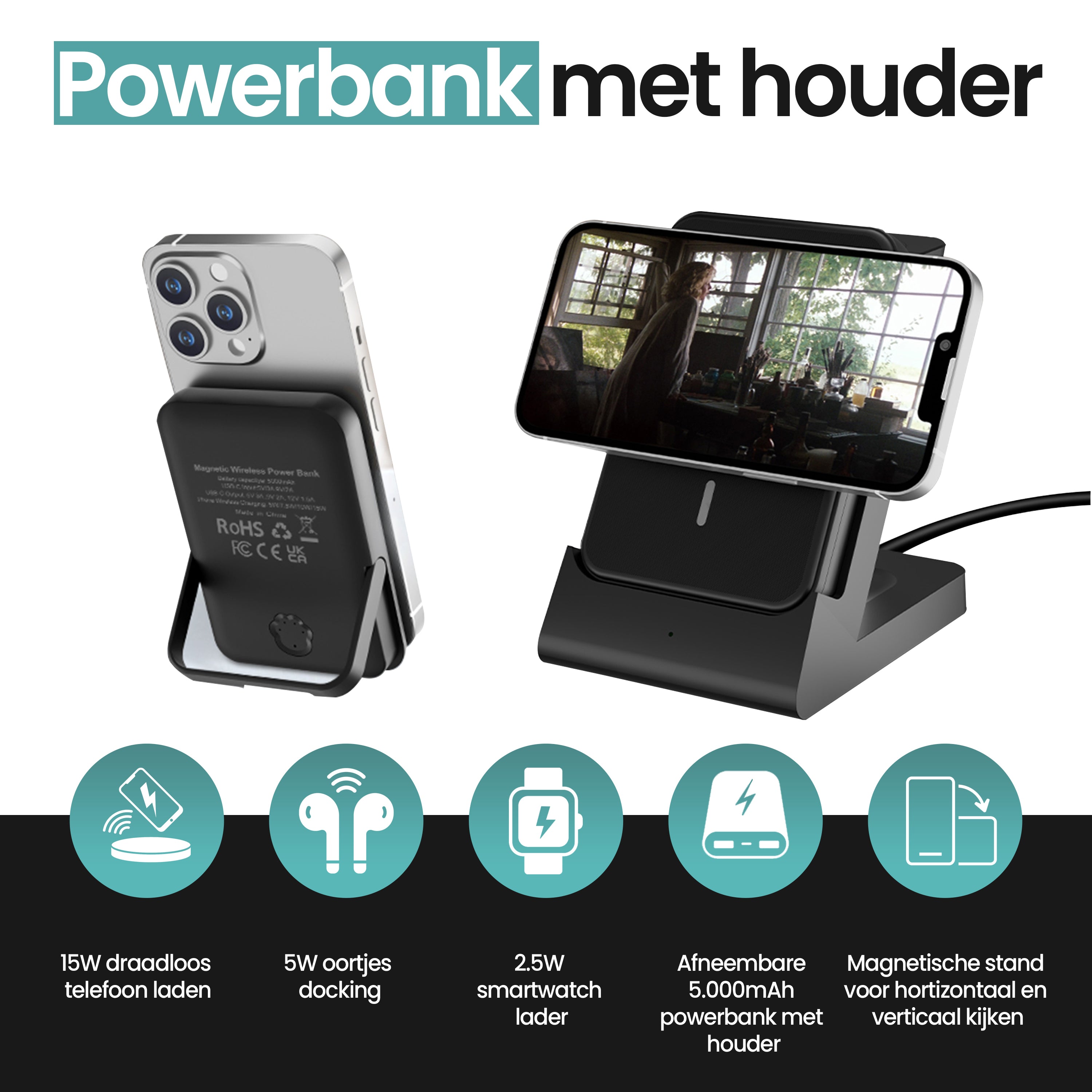 Draadloze powerbank met oplaadstation
