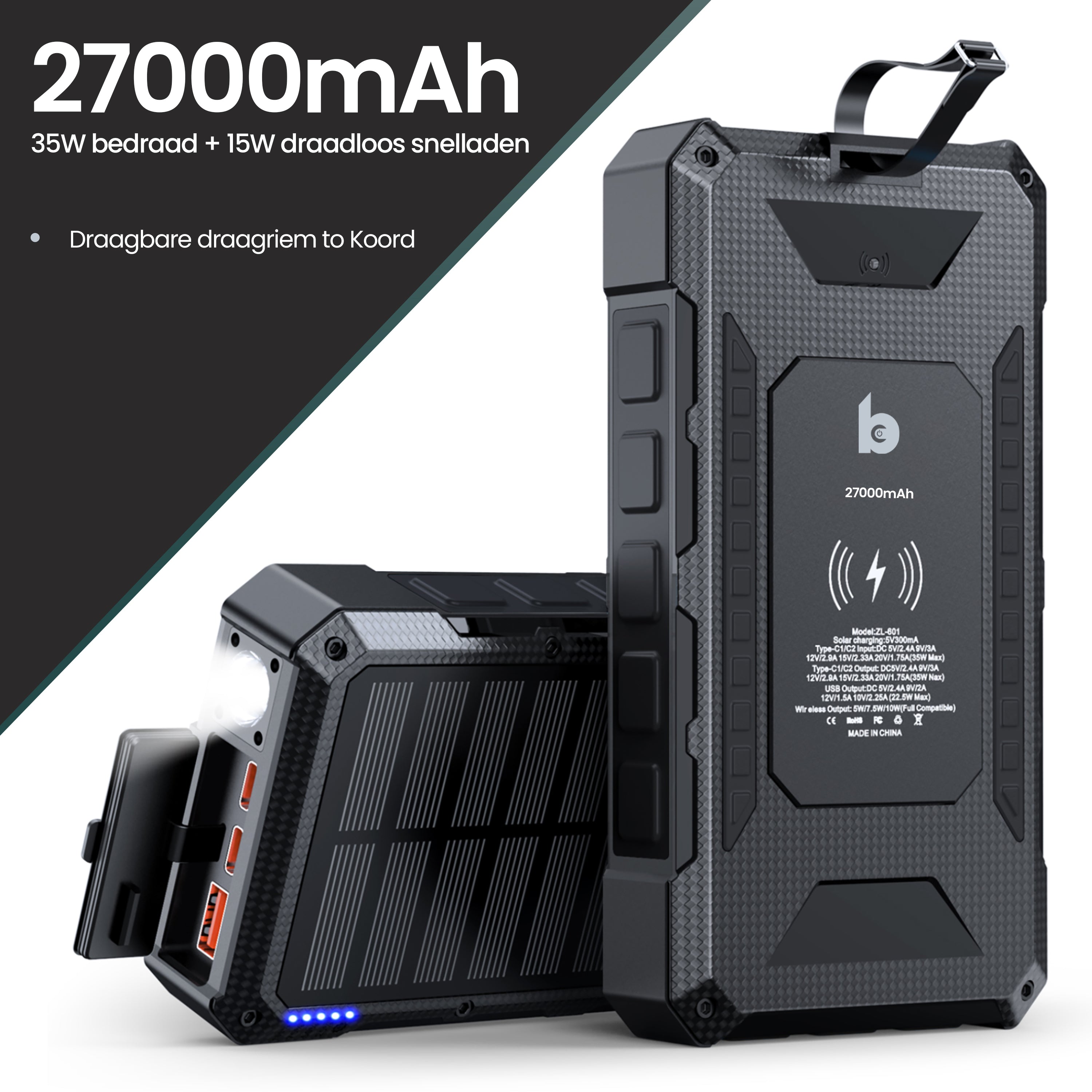 solar powerbank met zaklamp waterdicht 35W snelladen - geschikt voor laptops en macbook