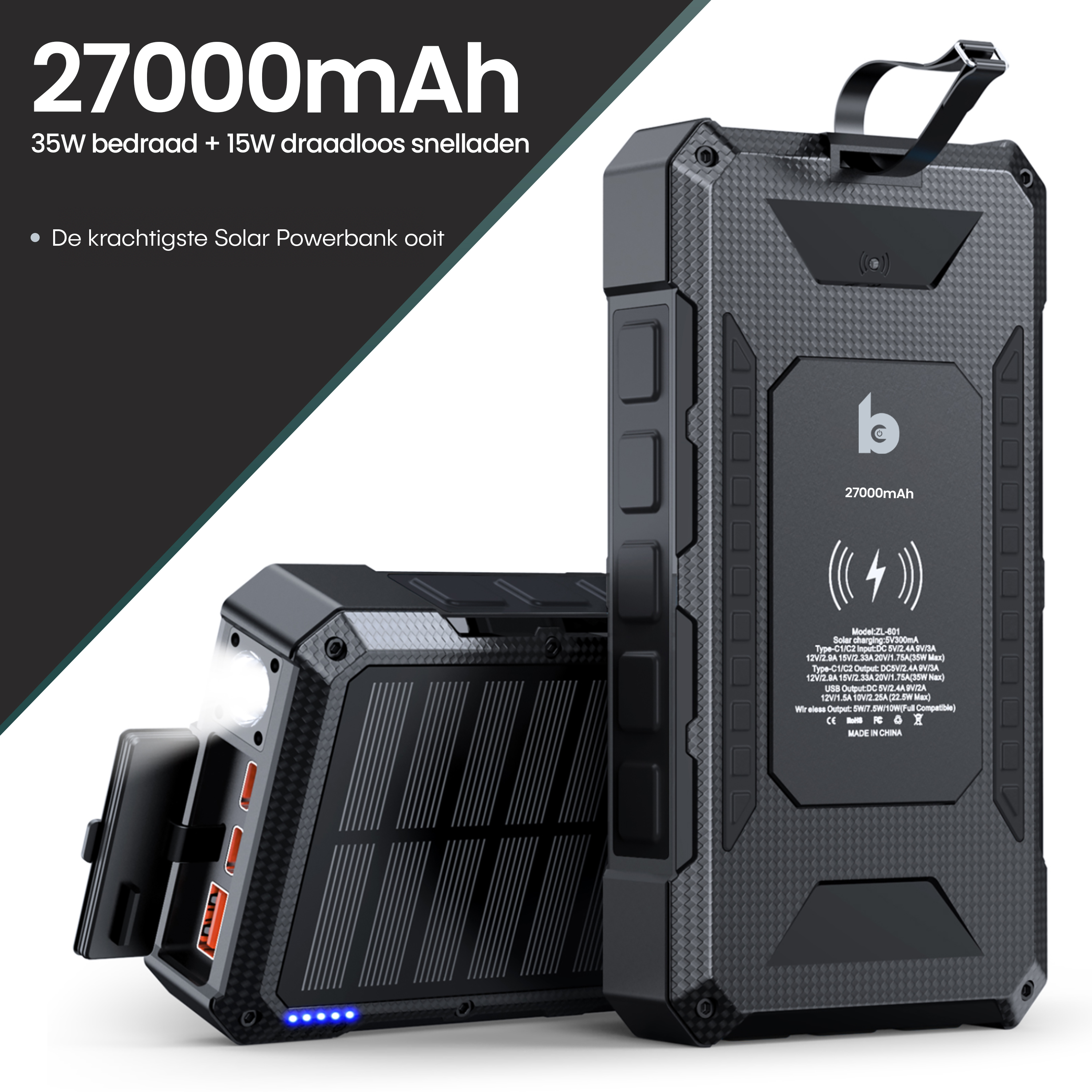 solar powerbank met zaklamp waterdicht 35W snelladen - geschikt voor laptops en macbook