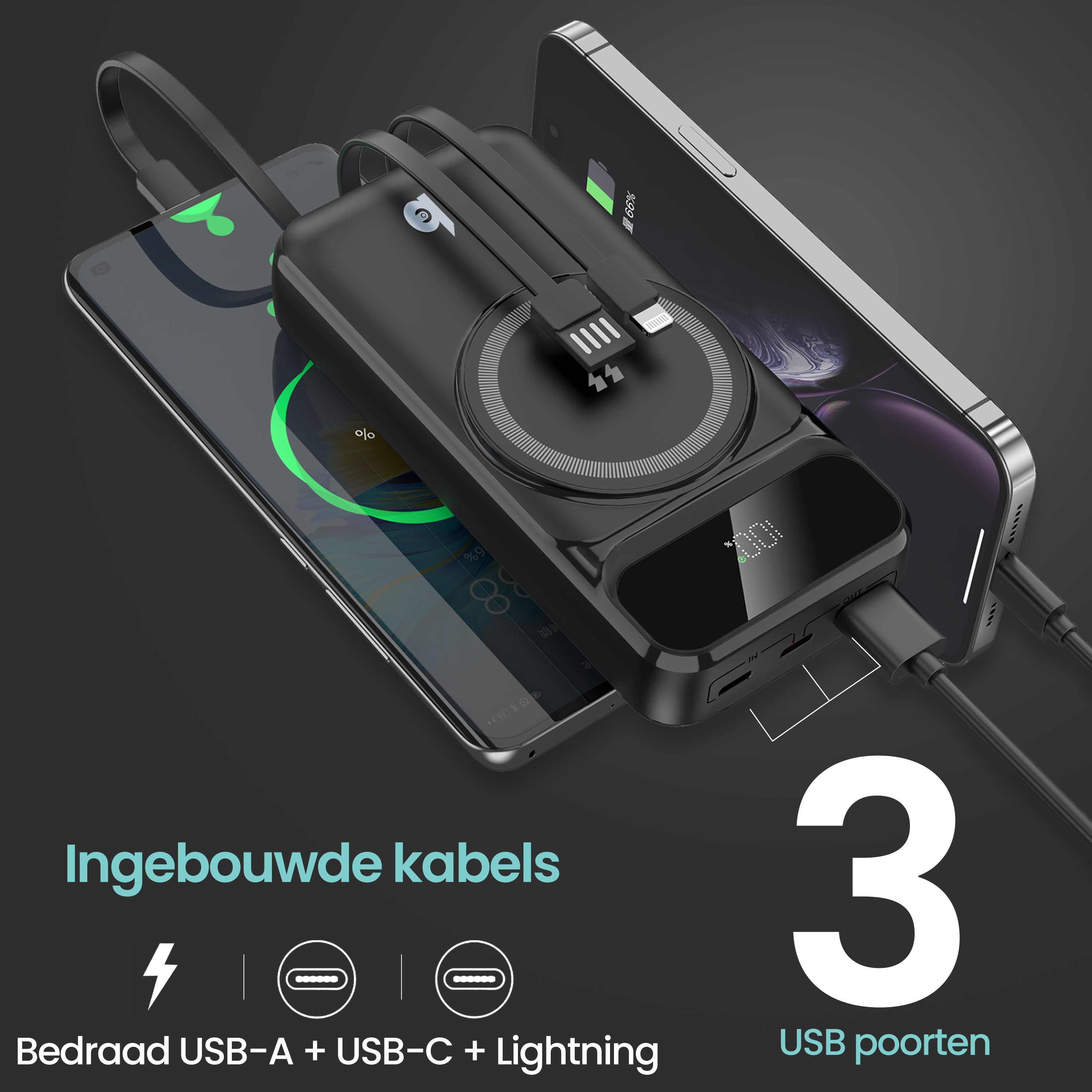 20000mAh powerbank met MagSafe, geïntegreerde kabels en snelladen tot 22.5W