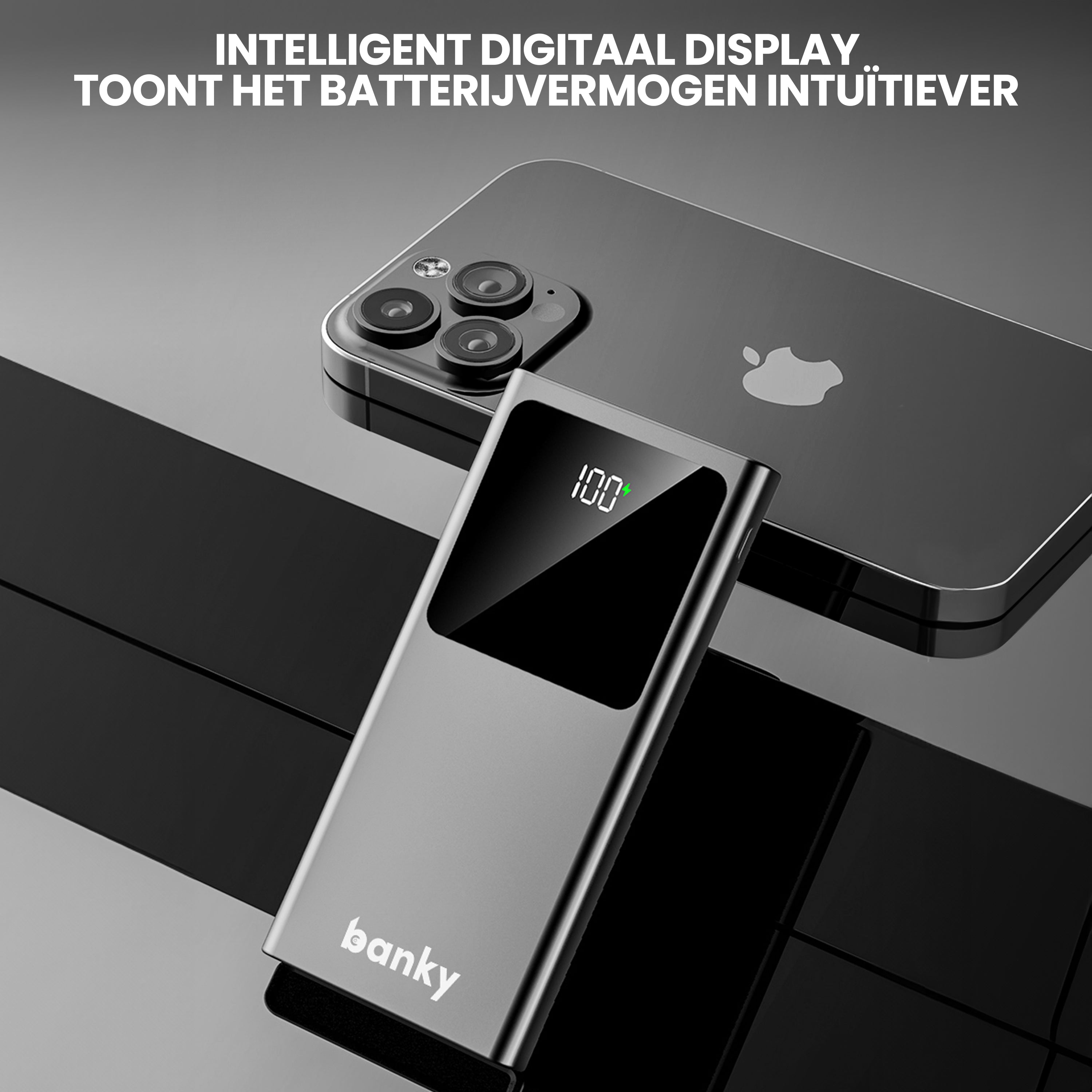 20.000mAh powerbank met 22.5W snelladen met slim display - weergegeven met iPhone noodpakket