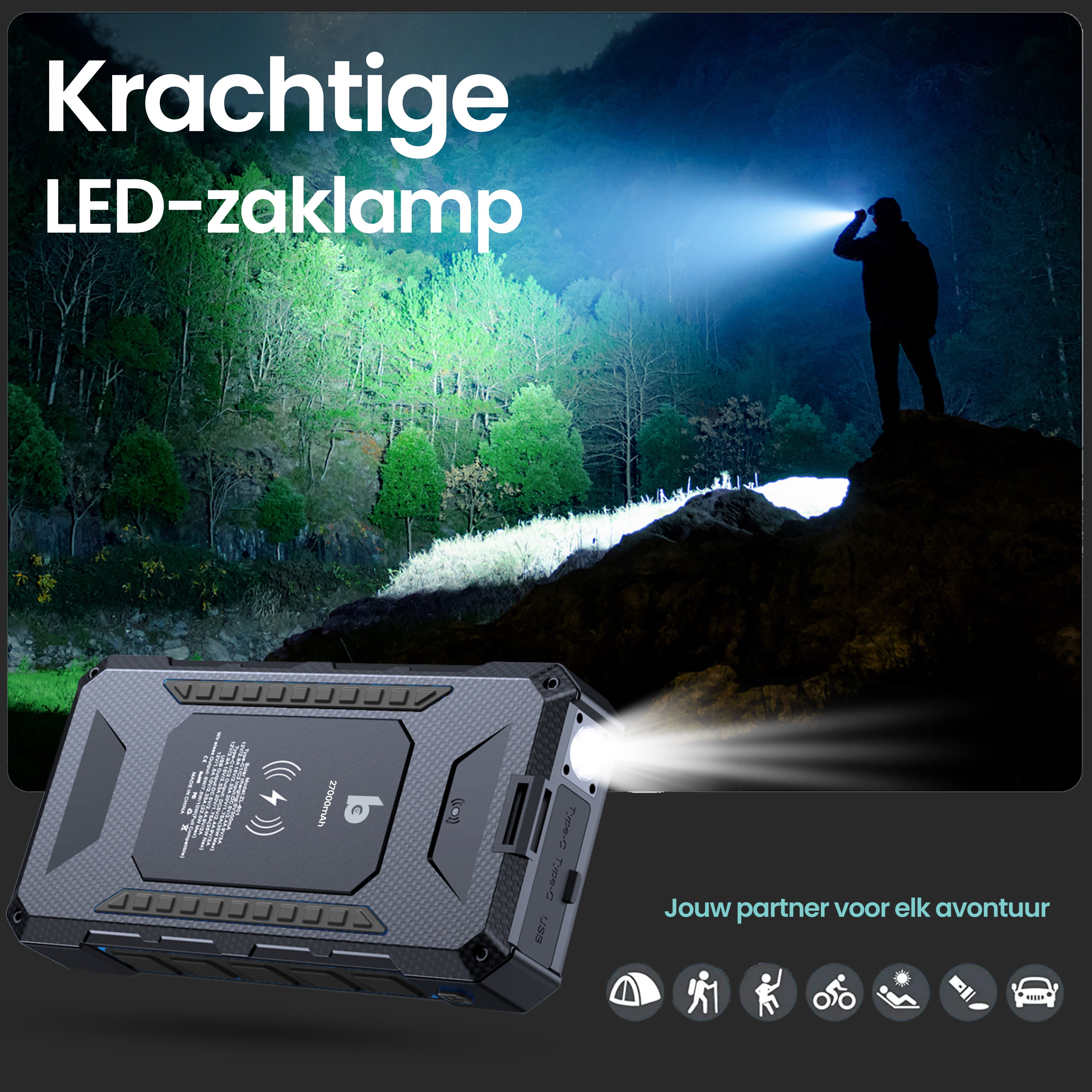 Banky solar powerbank 27.000mAh 35W met krachtige zaklamp, waterdicht voor outdoor