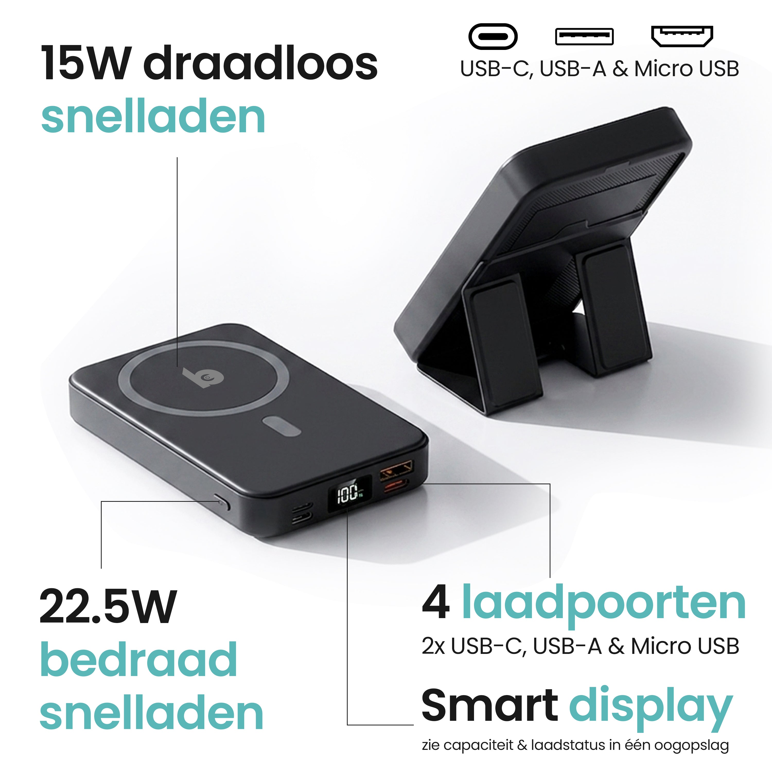 MagSafe Powerbank met 22,5W snelladen en 15W draadloos laden