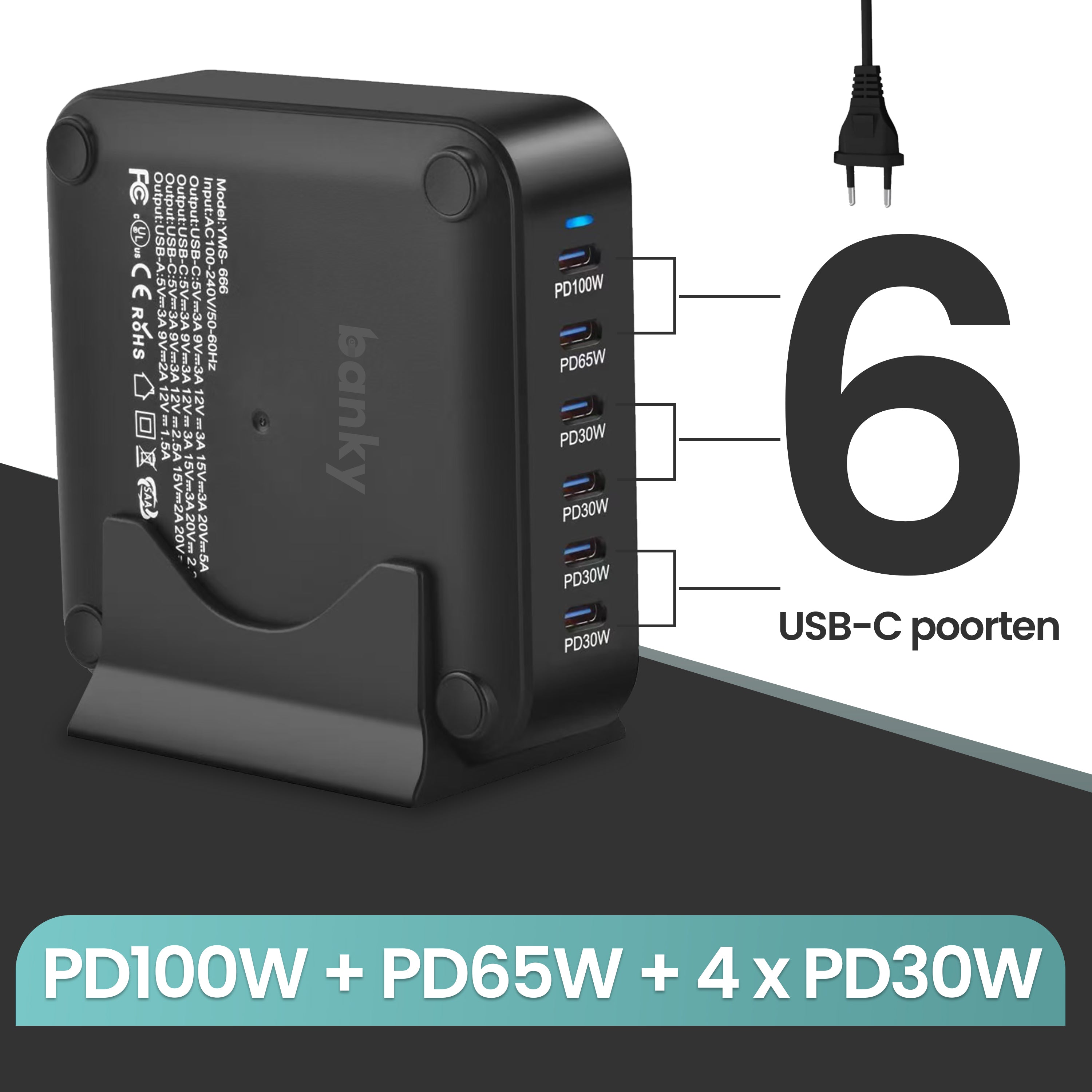 285W USB-C oplader met 6 poorten en 100W snelladen voor laptops en apparaten
